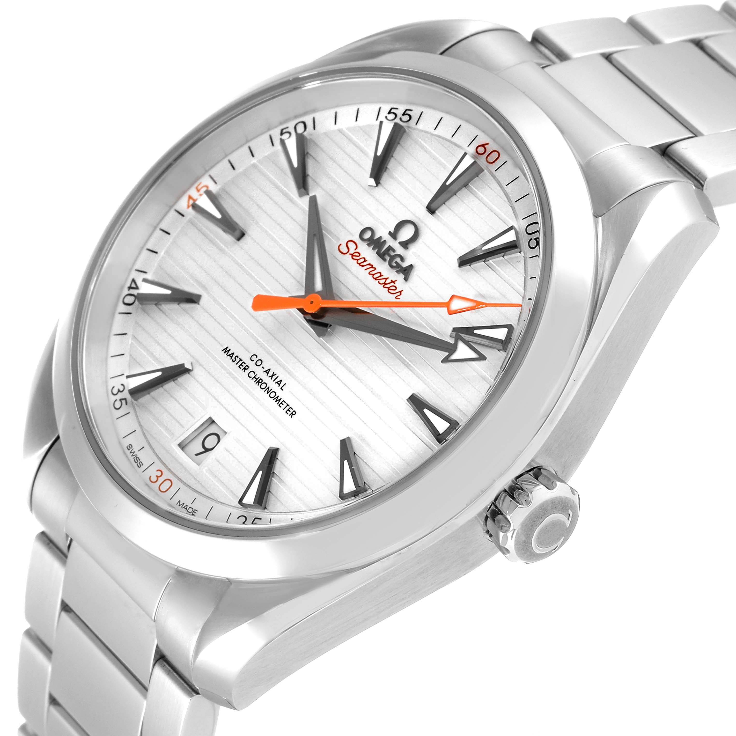 This Aqua Terra model by Omega is shown from a three-quarter angle highlighting the watch face, crown, and bracelet.