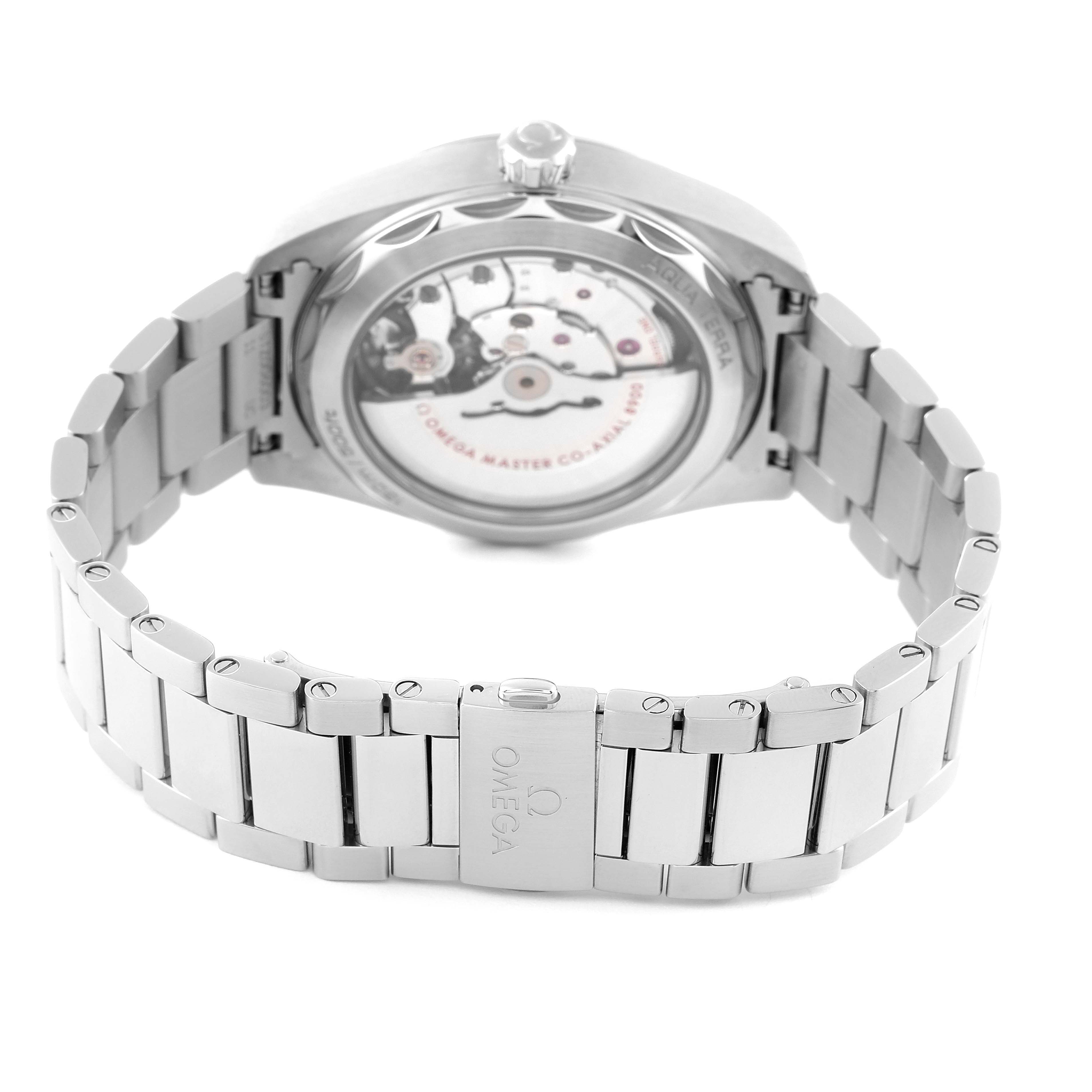 This image shows the back view of the Omega Aqua Terra 220.10.41.21.02.001 Men's Stainless Steel Silver Dial 220.10.41.21.02.001 Men's Stainless Steel Silver Dial watch, showcasing its bracelet and visible automatic movement through a transparent case back.