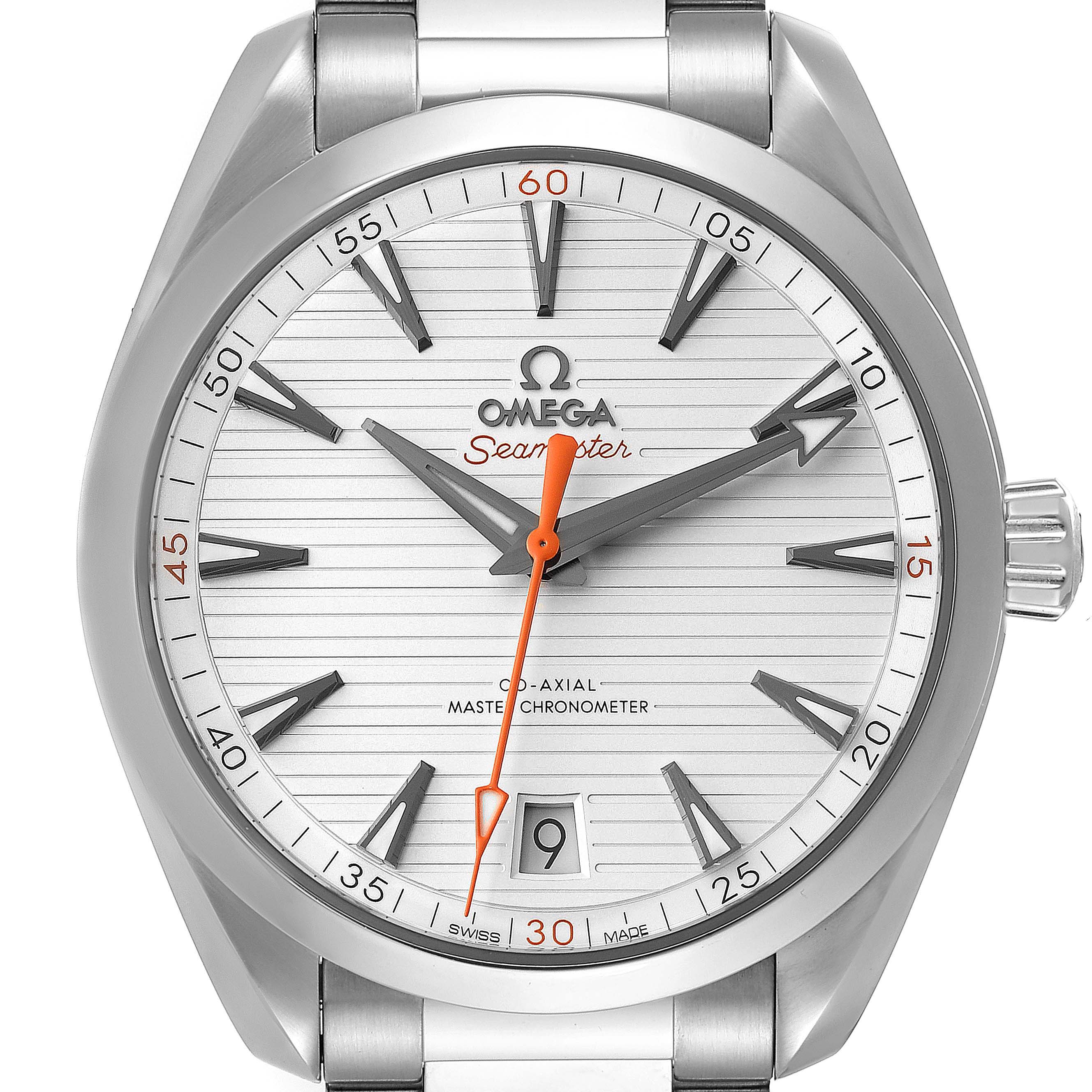 This image shows a close-up front view of the Omega Aqua Terra 220.10.41.21.02.001 Men's Stainless Steel Silver Dial 220.10.41.21.02.001 Men's Stainless Steel Silver Dial watch face, including its dial, hands, and bezel.