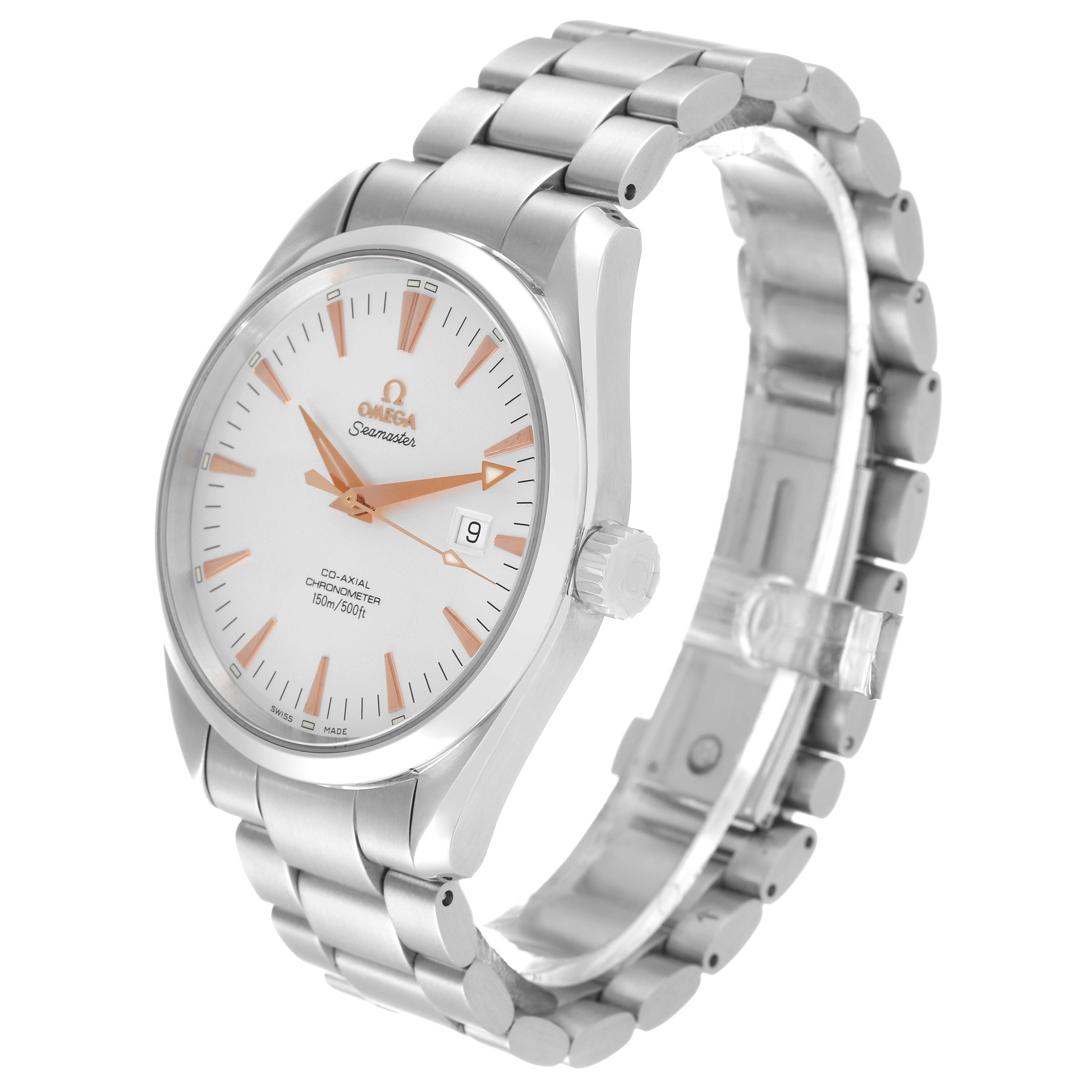 The image shows an Omega Aqua Terra 2502.34.00 Men's Stainless Steel Silver Dial 2502.34.00 Men's Stainless Steel Silver Dial watch at a three-quarter angle, highlighting its face, crown, and bracelet.