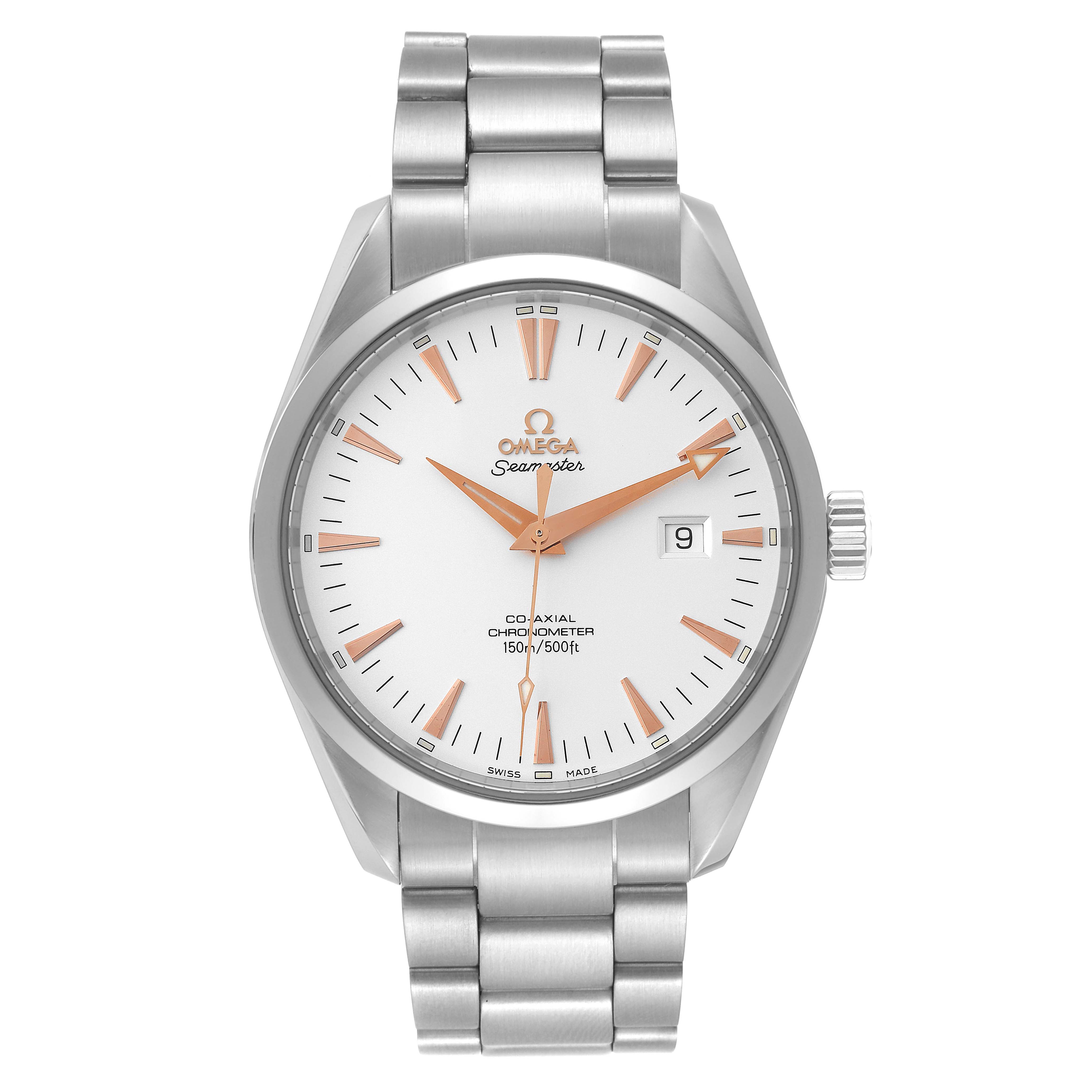 This image shows a front view of the Omega Aqua Terra 2502.34.00 Men's Stainless Steel Silver Dial 2502.34.00 Men's Stainless Steel Silver Dial watch, including the dial, hands, bezel, bracelet, and date window.