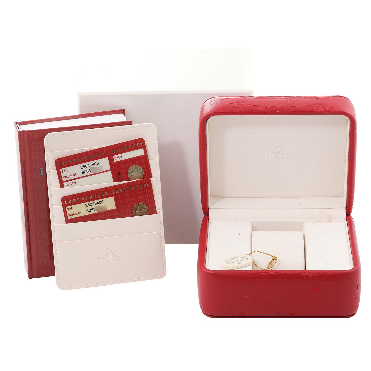 The image shows the packaging and accessories for an Omega Aqua Terra 2502.34.00 Men's Stainless Steel Silver Dial 2502.34.00 Men's Stainless Steel Silver Dial watch, including a red box, warranty cards, and a certificate holder.