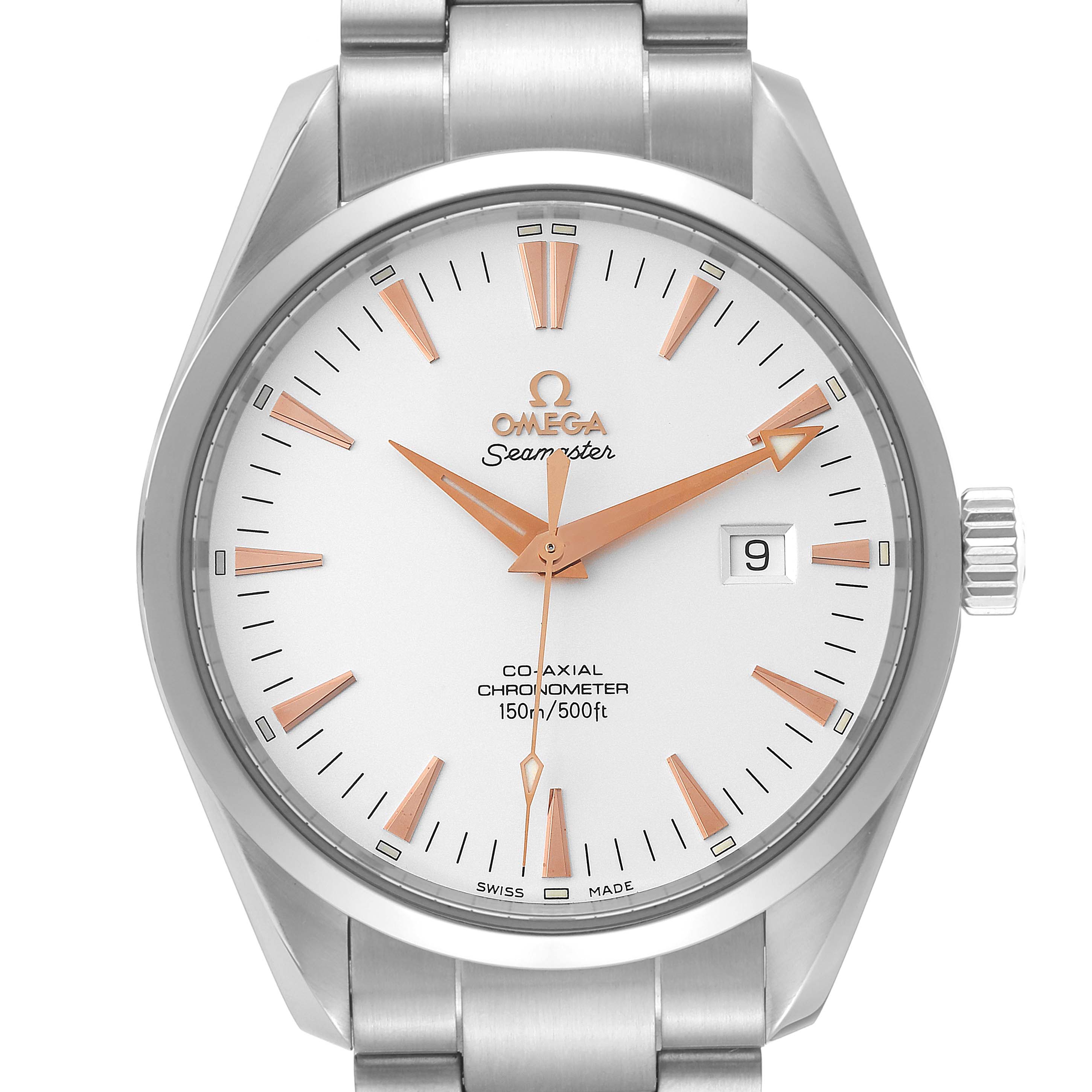 This image shows a frontal view of the Omega Aqua Terra 2502.34.00 Men's Stainless Steel Silver Dial 2502.34.00 Men's Stainless Steel Silver Dial Seamaster watch, highlighting the dial, hands, date window, and bracelet.