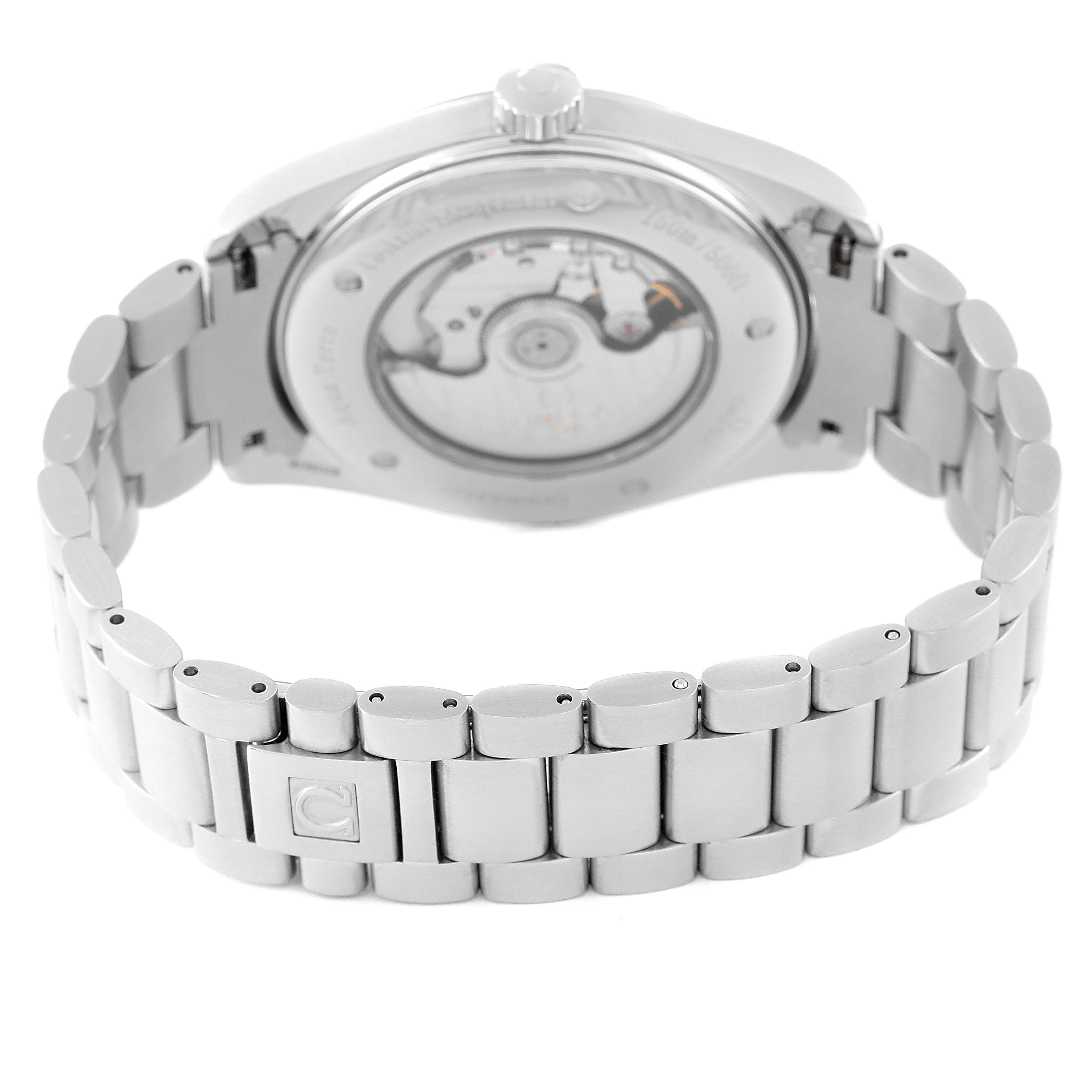 The image shows the back view of the Omega Aqua Terra 2502.34.00 Men's Stainless Steel Silver Dial 2502.34.00 Men's Stainless Steel Silver Dial watch, highlighting its metal bracelet and exposed movement.