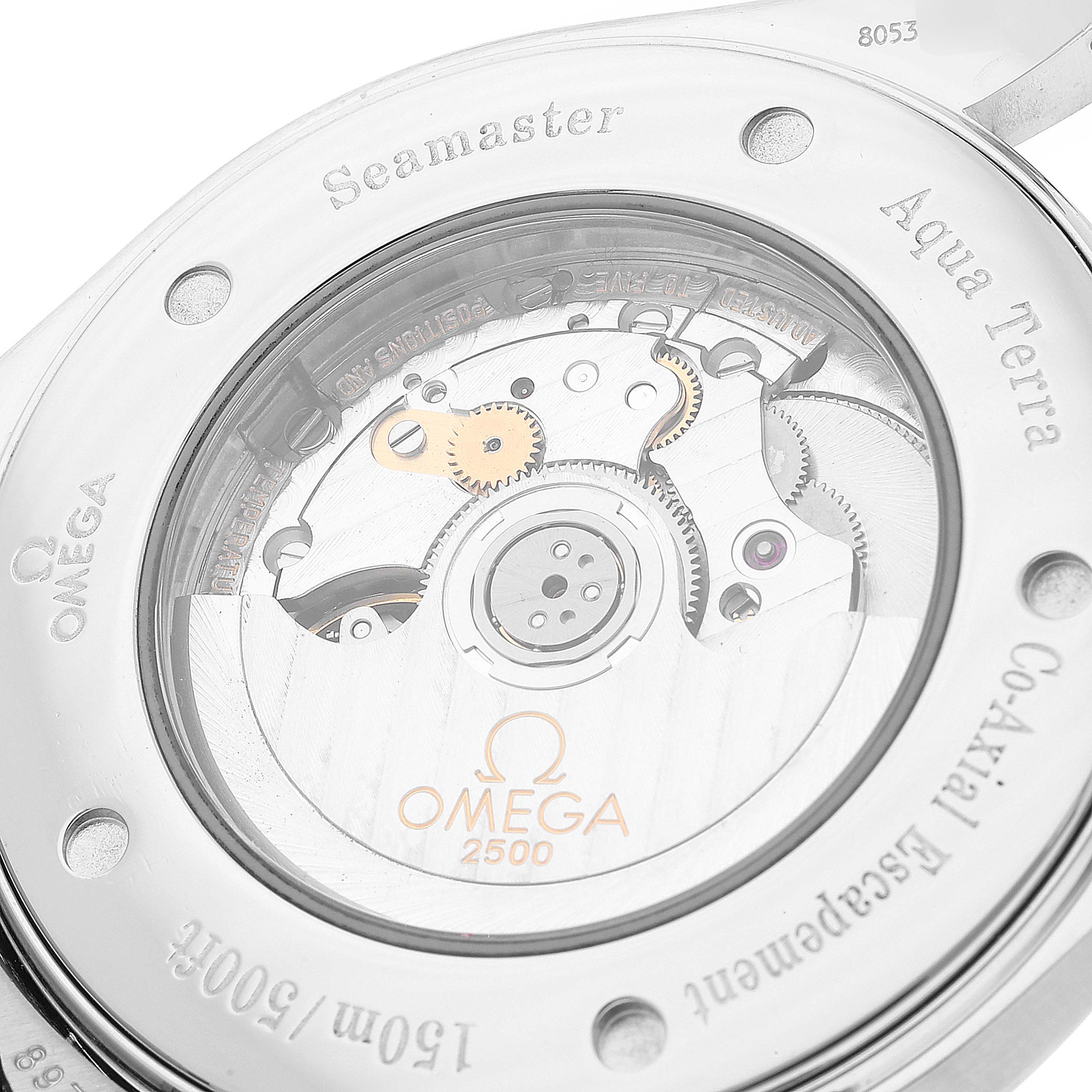 This is the back view of the Omega Aqua Terra 2502.34.00 Men's Stainless Steel Silver Dial 2502.34.00 Men's Stainless Steel Silver Dial Seamaster, displaying the inner mechanical components.