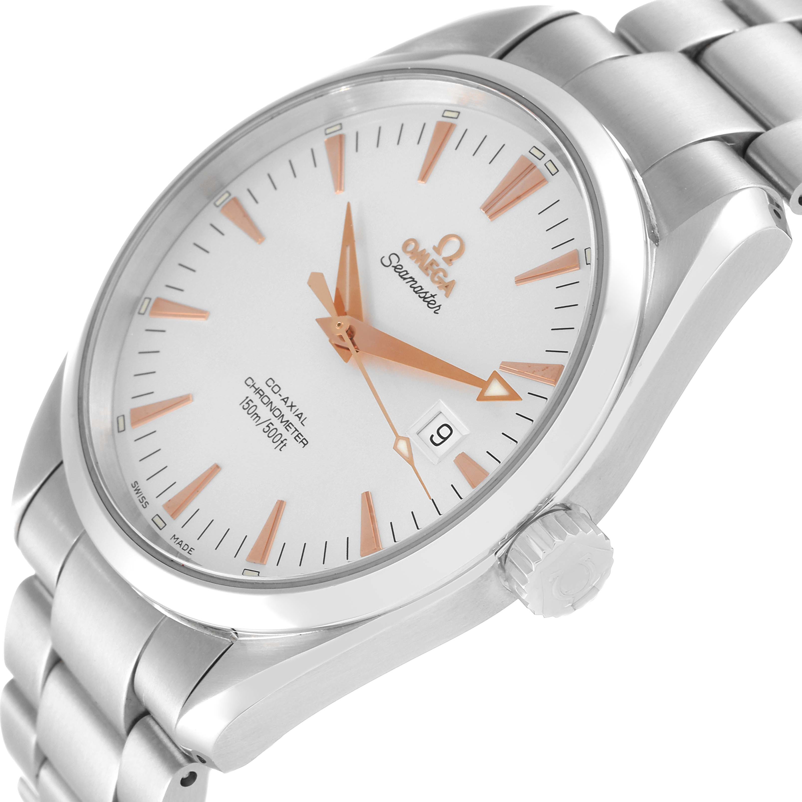 The image shows an angled view of the Omega Seamaster Aqua Terra watch, highlighting its face, crown, and bracelet.