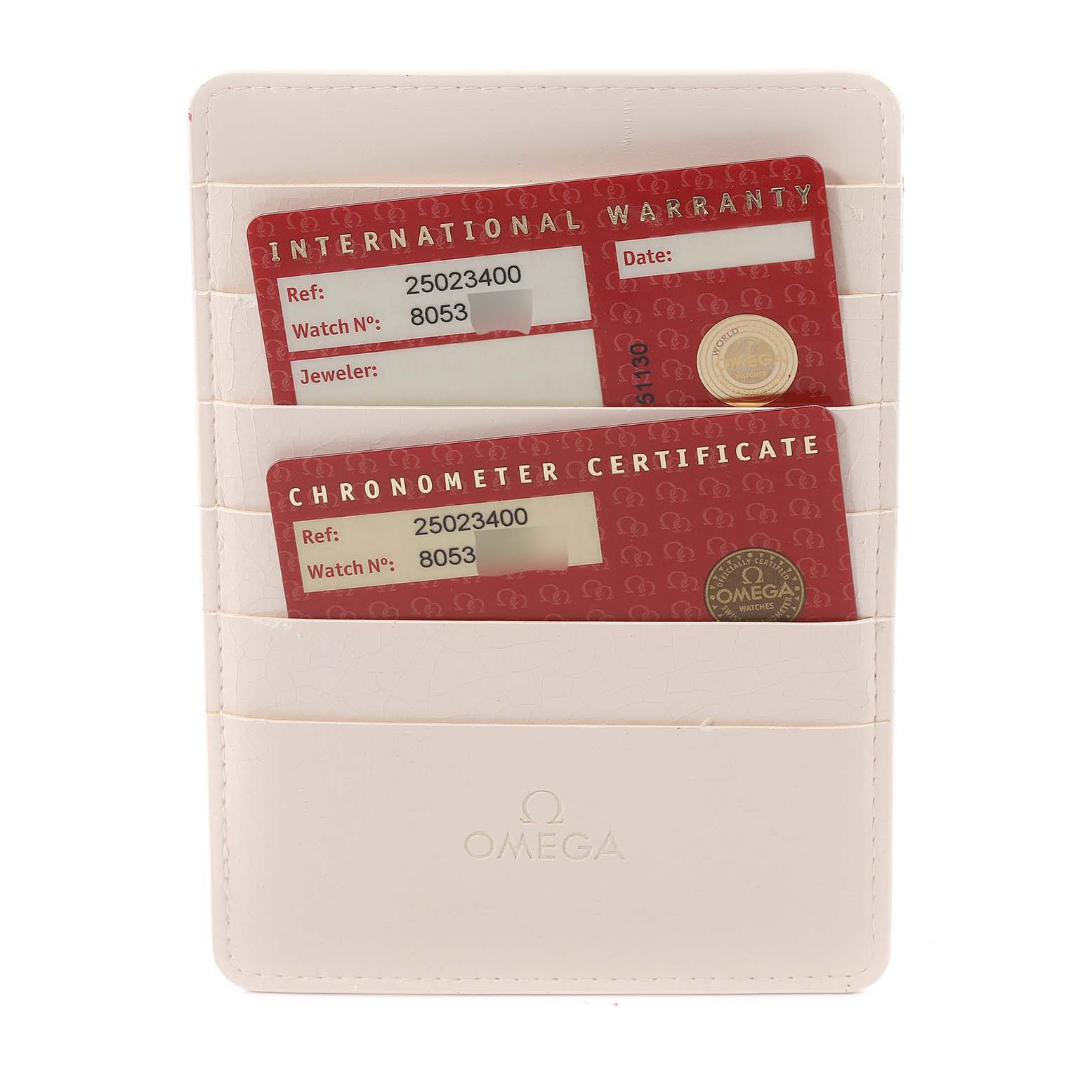 This image shows the warranty and chronometer certificate cards for the Omega Aqua Terra 2502.34.00 Men's Stainless Steel Silver Dial 2502.34.00 Men's Stainless Steel Silver Dial model in a white cardholder.