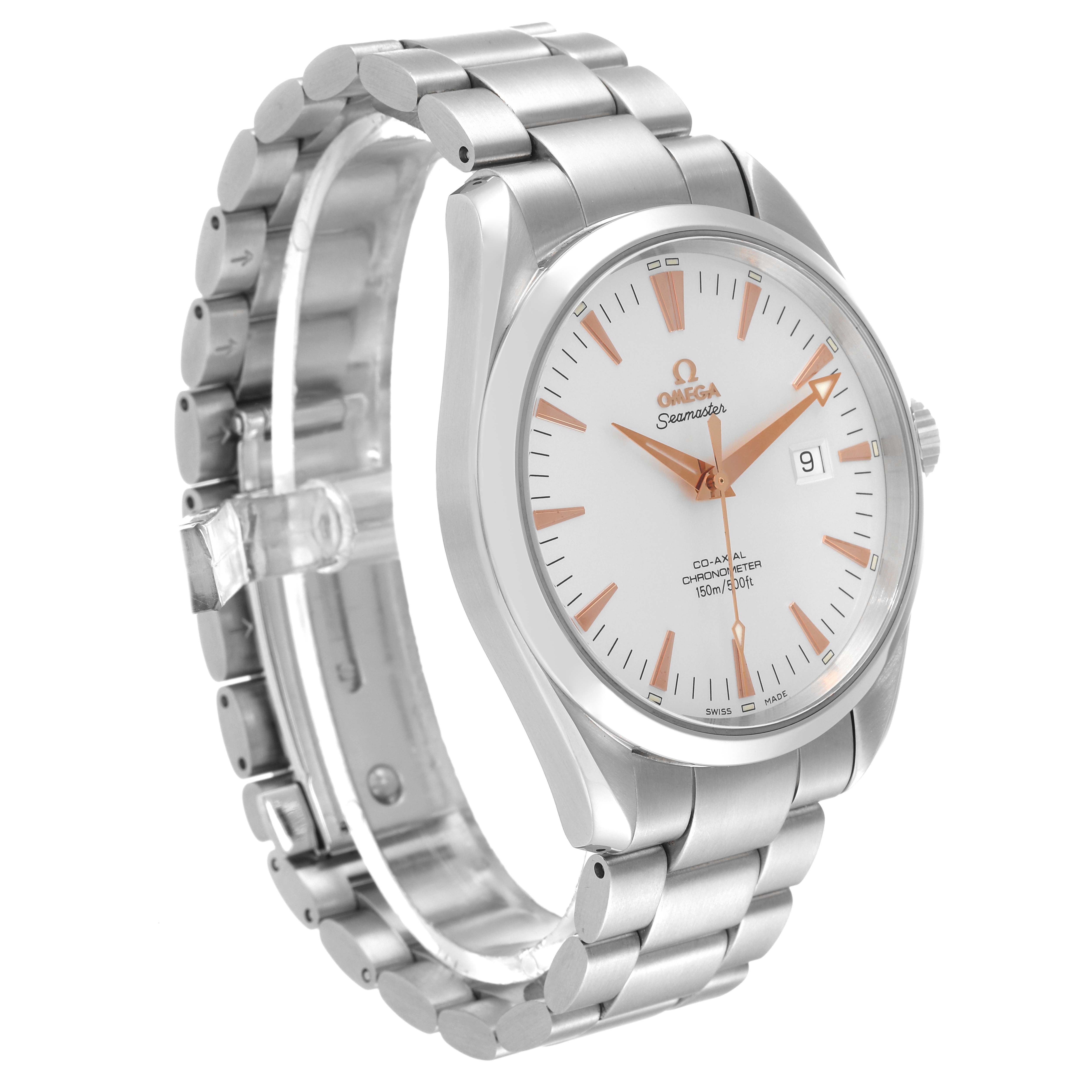 The Omega Aqua Terra 2502.34.00 Men's Stainless Steel Silver Dial 2502.34.00 Men's Stainless Steel Silver Dial watch is shown at a three-quarter angle, highlighting its face, bracelet, and crown.