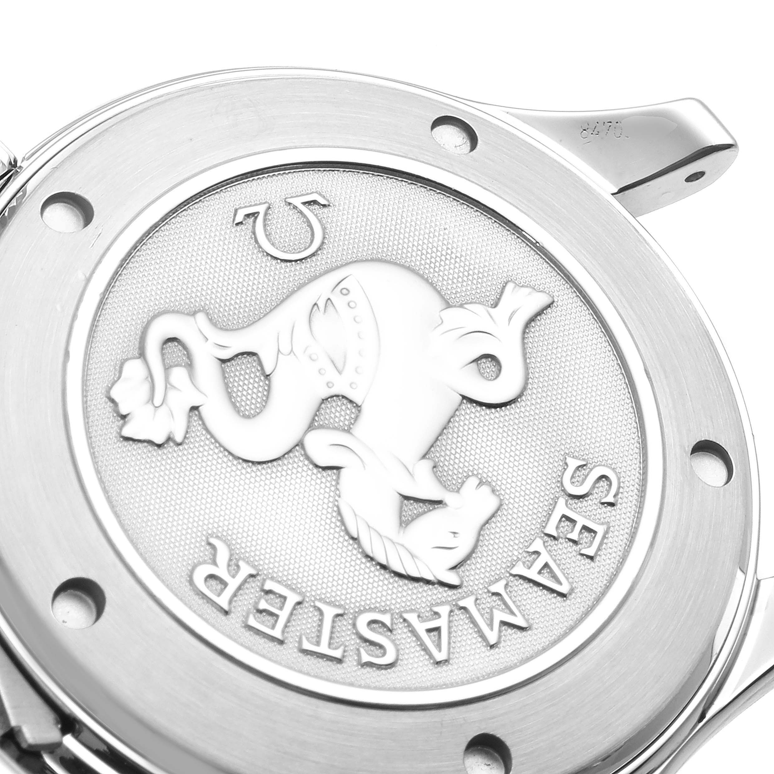 The image shows the back case of an Omega Seamaster 212.30.41.20.01.002 Men's Stainless Steel Black Dial 212.30.41.20.01.002 Men's Stainless Steel Black Dial watch, featuring the engraved logo and branding.