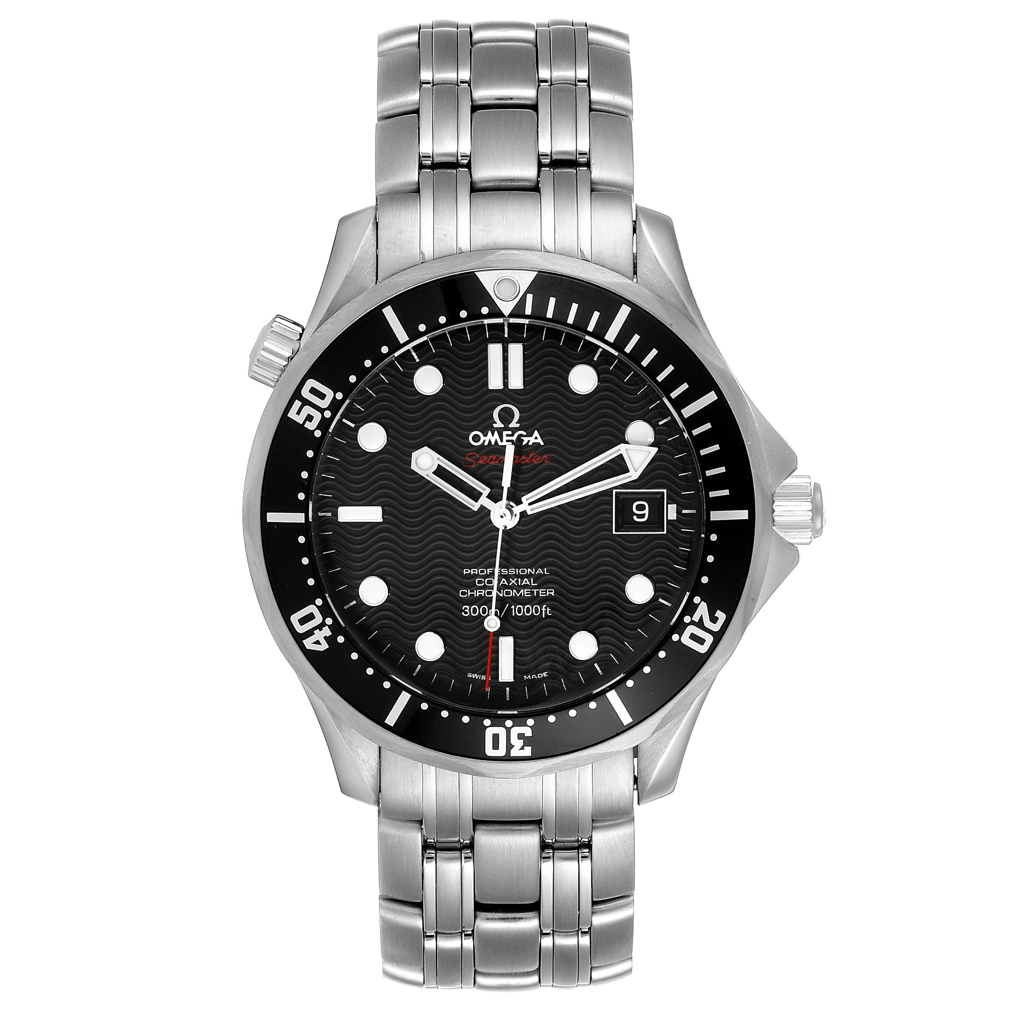 The Omega Seamaster 212.30.41.20.01.002 Men's Stainless Steel Black Dial 212.30.41.20.01.002 Men's Stainless Steel Black Dial watch is shown from a top-down angle, displaying its face, bezel, and metallic bracelet.