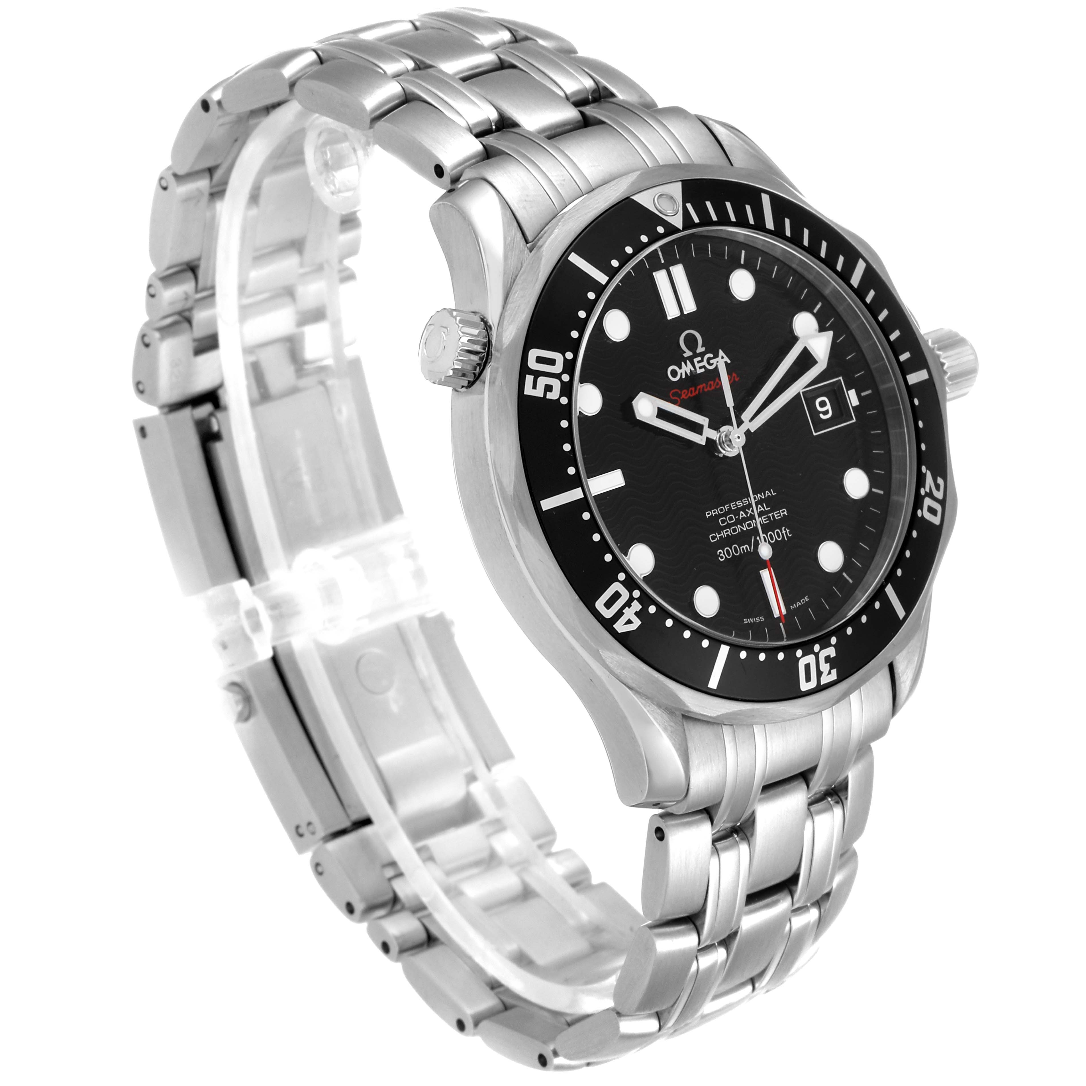 The Omega Seamaster 212.30.41.20.01.002 Men's Stainless Steel Black Dial 212.30.41.20.01.002 Men's Stainless Steel Black Dial watch is shown at a three-quarter angle, displaying its dial, bezel, bracelet, and crown.