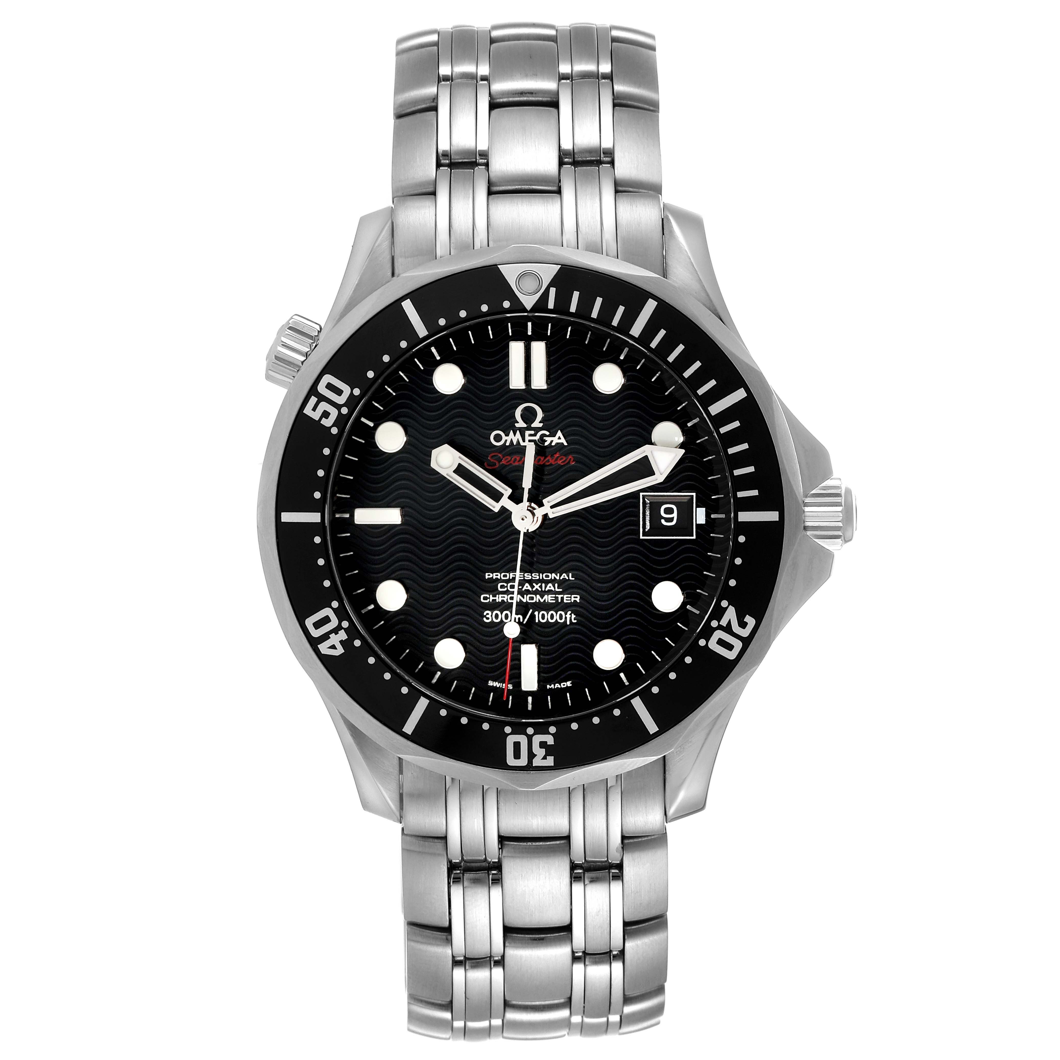 The image shows a front view of an Omega Seamaster 212.30.41.20.01.002 Men's Stainless Steel Black Dial 212.30.41.20.01.002 Men's Stainless Steel Black Dial watch, highlighting its dial, bezel, and bracelet.
