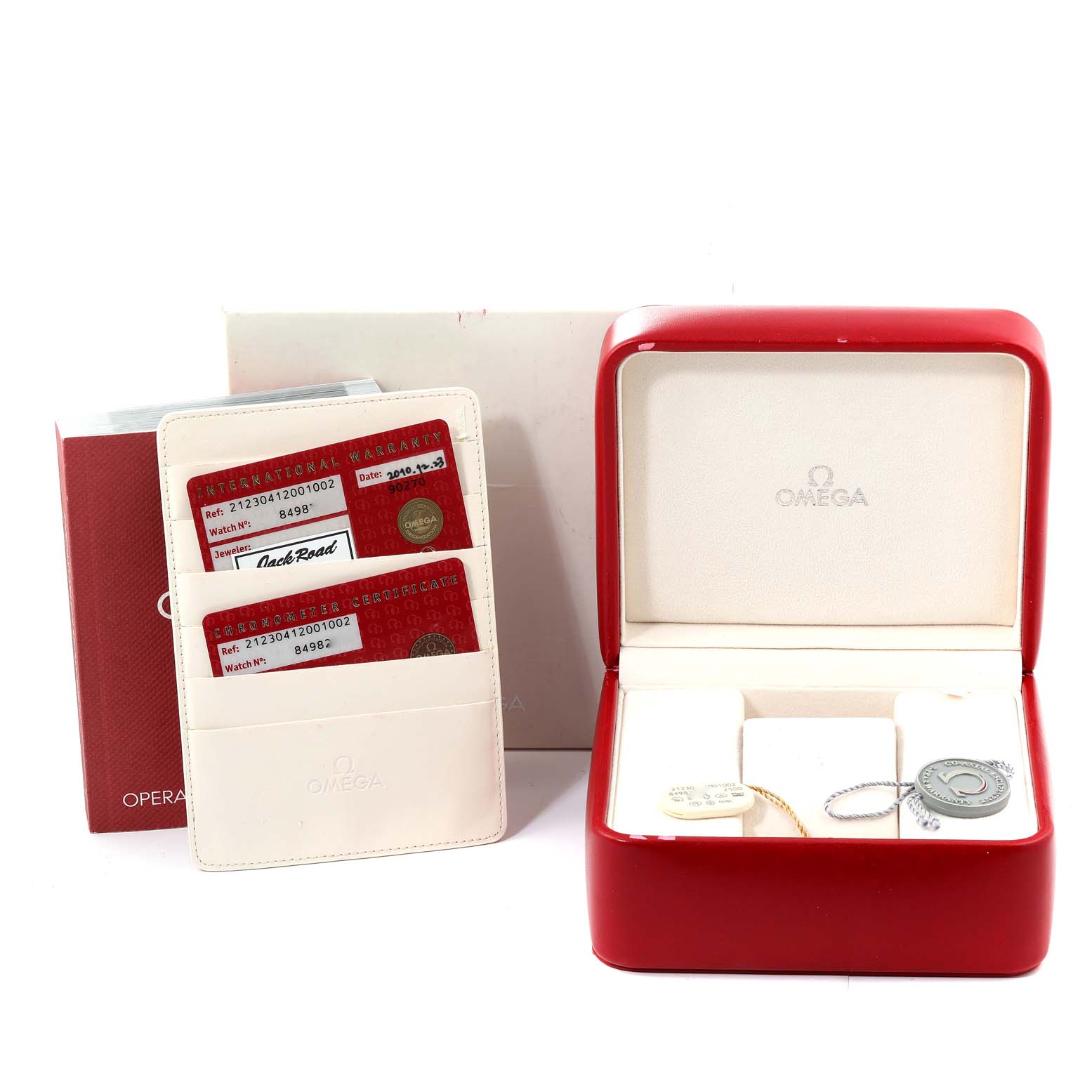 The image shows a red Omega Seamaster 212.30.41.20.01.002 Men's Stainless Steel Black Dial 212.30.41.20.01.002 Men's Stainless Steel Black Dial watch box, warranty cards, a cardholder, and an open watch case.