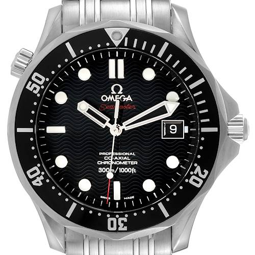 The Omega Seamaster watch is shown from a front angle, displaying the dial, bezel, and part of the bracelet.