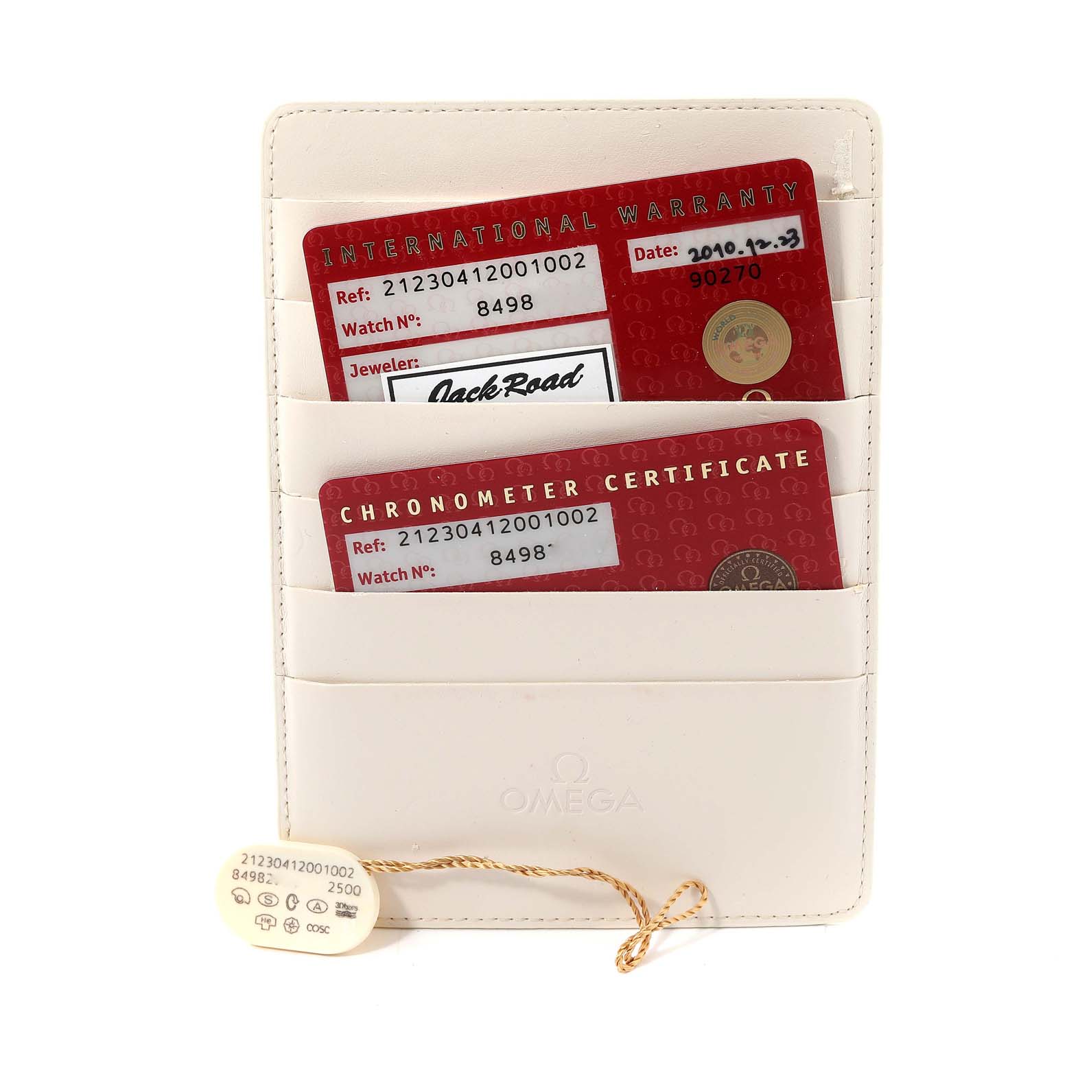 This image shows the warranty and chronometer certificate cards for an Omega Seamaster 212.30.41.20.01.002 Men's Stainless Steel Black Dial 212.30.41.20.01.002 Men's Stainless Steel Black Dial along with a tag in a cardholder.