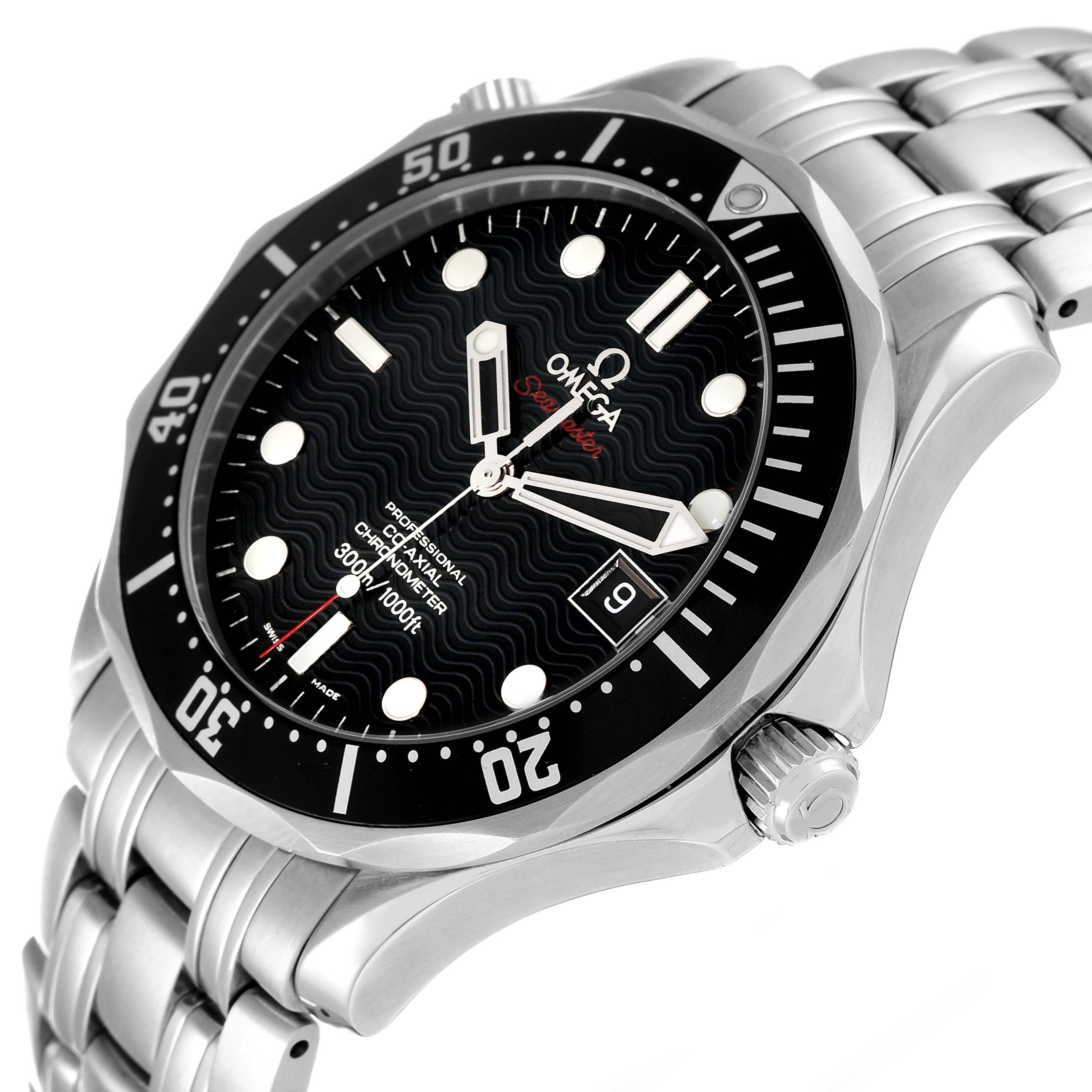 This is an angled view of an Omega Seamaster 212.30.41.20.01.002 Men's Stainless Steel Black Dial 212.30.41.20.01.002 Men's Stainless Steel Black Dial, showcasing the face, bezel, crown, and part of the bracelet.