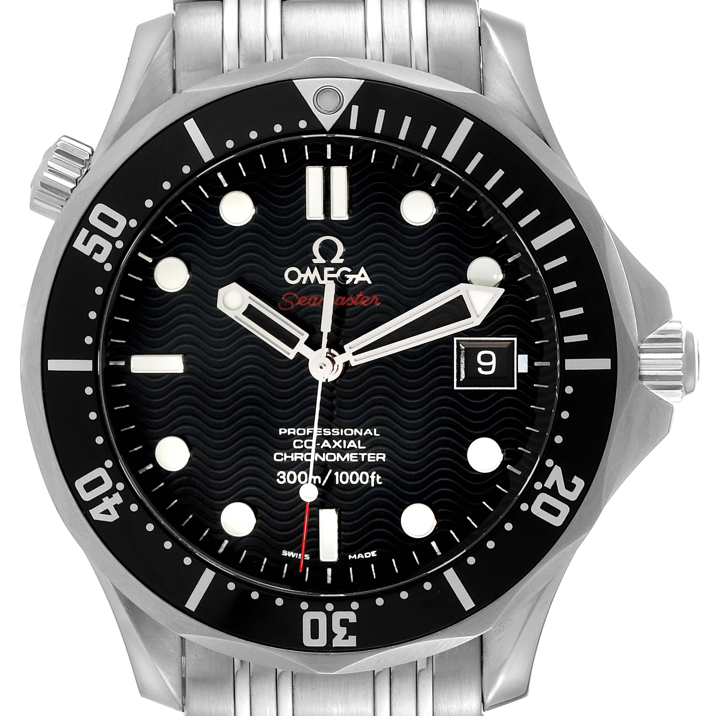 This image shows a front view of an Omega Seamaster 212.30.41.20.01.002 Men's Stainless Steel Black Dial 212.30.41.20.01.002 Men's Stainless Steel Black Dial watch featuring its dial, bezel, crown, and bracelet.