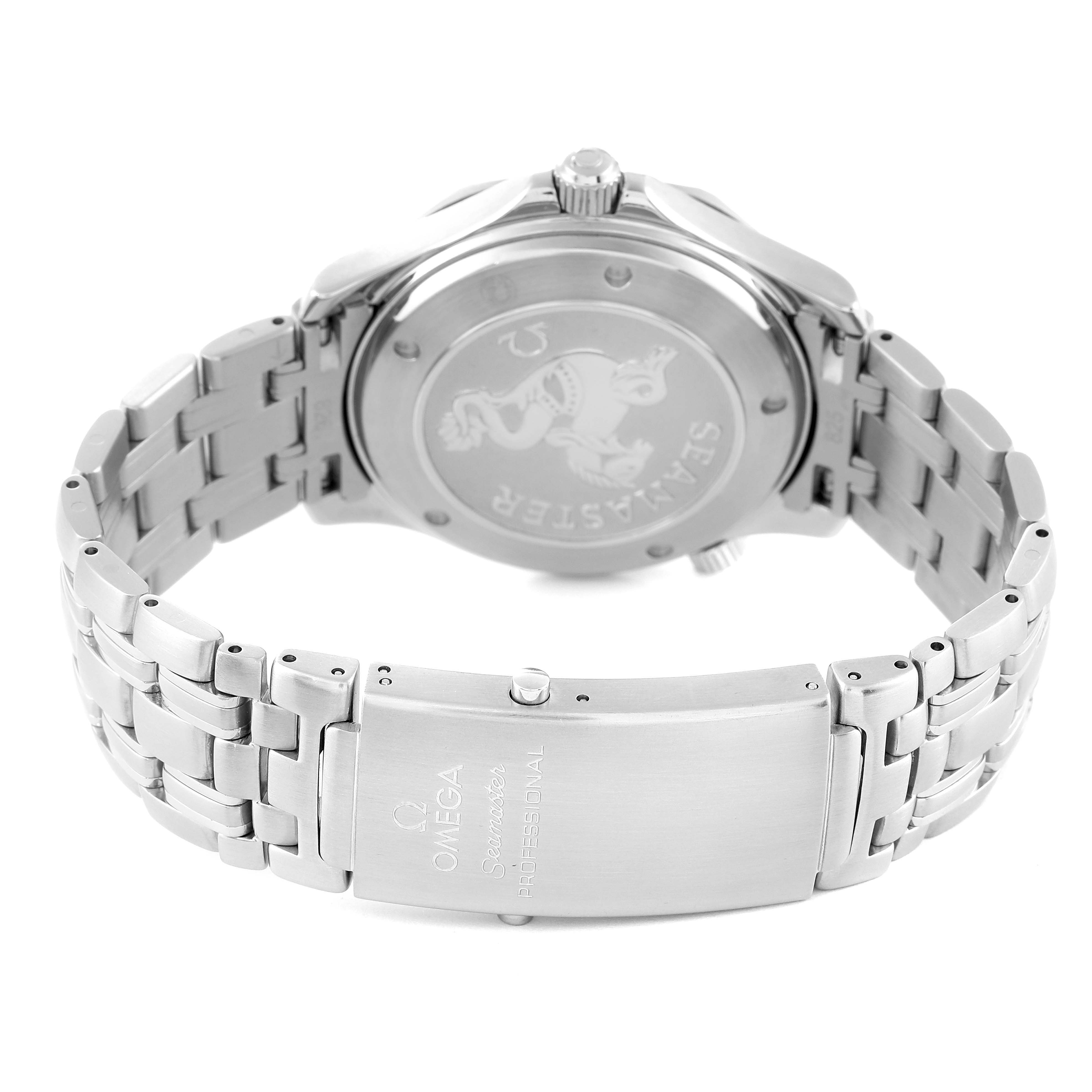 The image shows the back case and clasp of the Omega Seamaster 212.30.41.20.01.002 Men's Stainless Steel Black Dial 212.30.41.20.01.002 Men's Stainless Steel Black Dial watch from a slightly elevated angle.