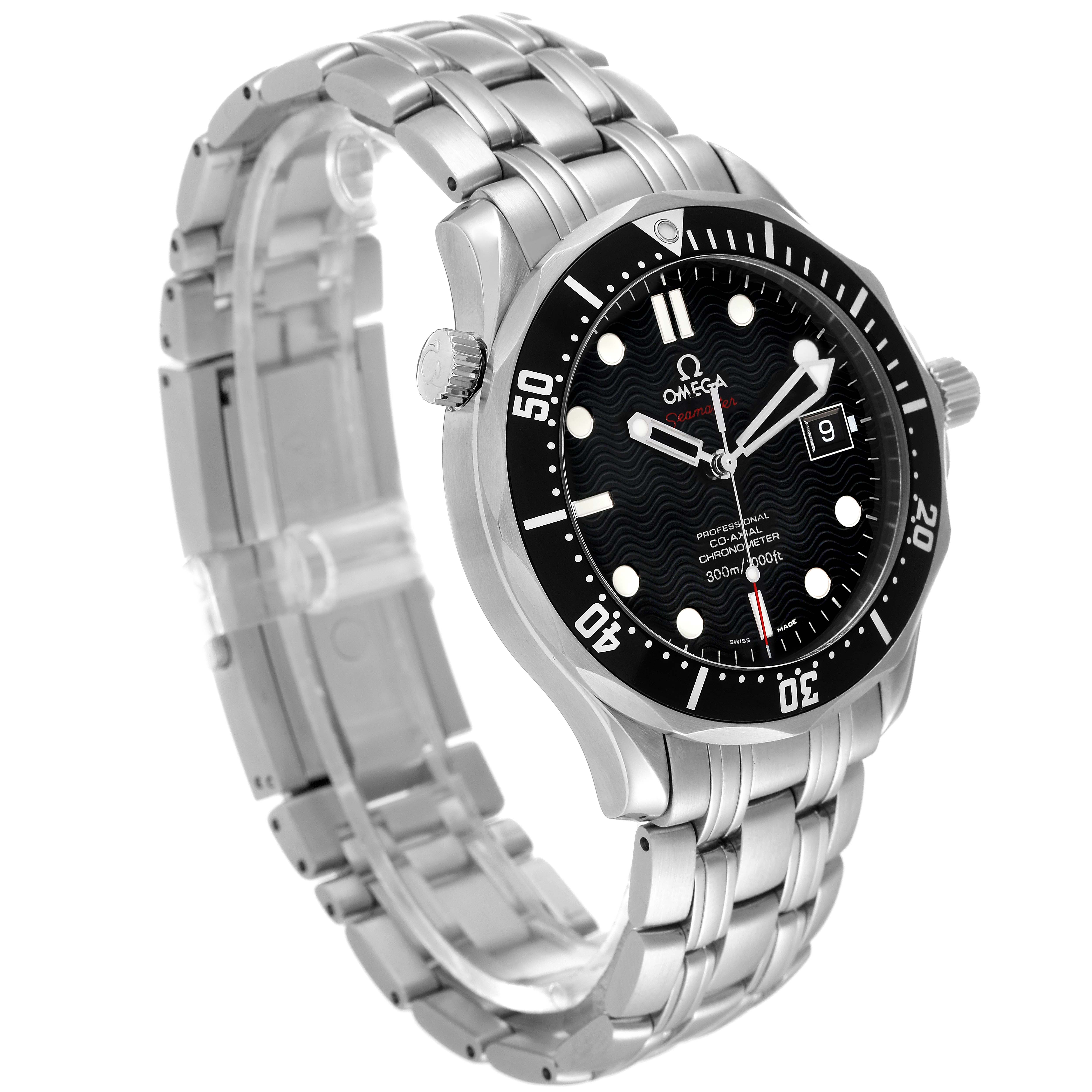 The Omega Seamaster 212.30.41.20.01.002 Men's Stainless Steel Black Dial 212.30.41.20.01.002 Men's Stainless Steel Black Dial watch is shown at a tilted angle, displaying the face, bezel, crown, and bracelet.