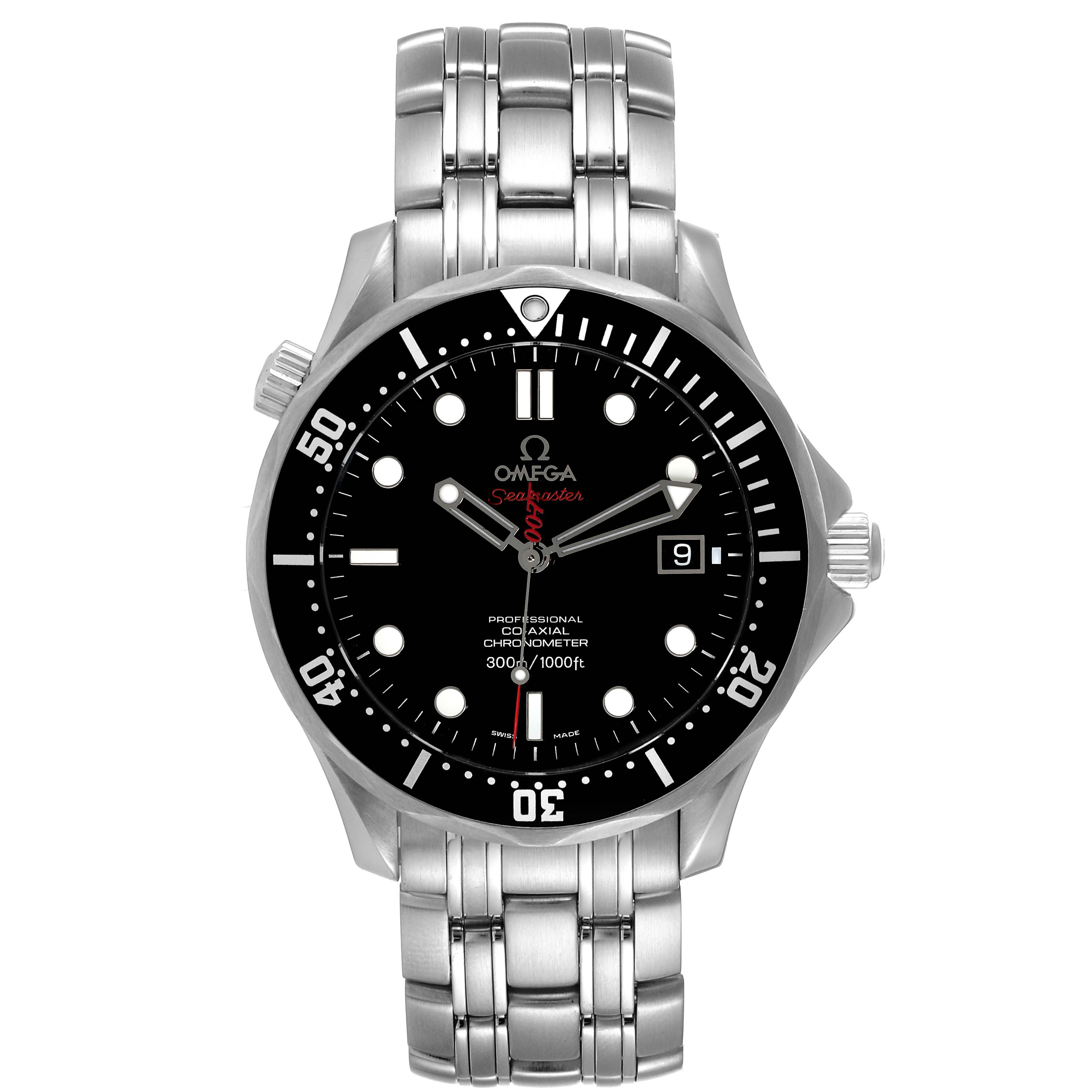 The Omega Seamaster 212.30.41.20.01.001 Men's Stainless Steel Black Dial 212.30.41.20.01.001 Men's Stainless Steel Black Dial watch is shown from a front angle, displaying its dial, bezel, and stainless steel bracelet.