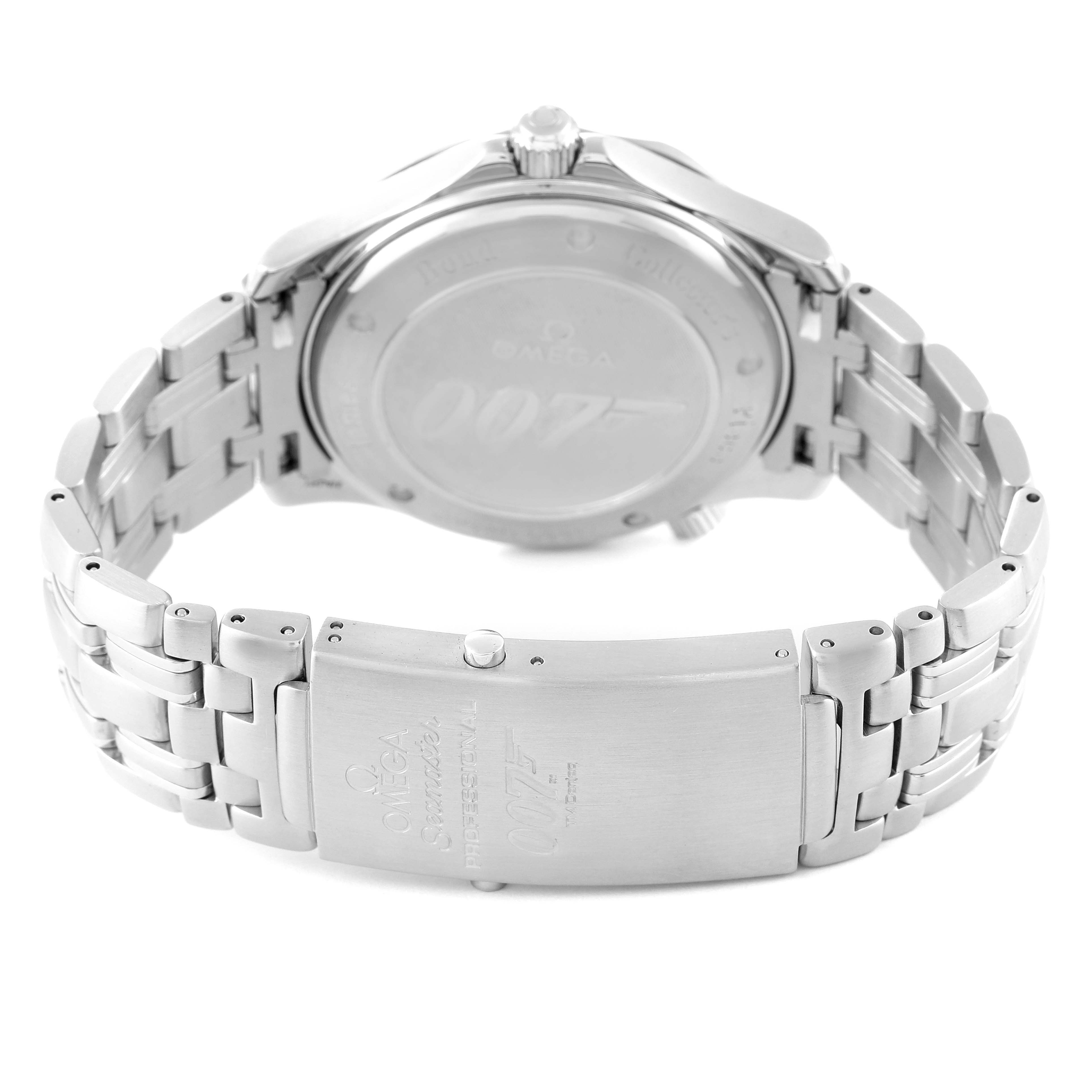 The image shows the back case and bracelet of an Omega Seamaster 212.30.41.20.01.001 Men's Stainless Steel Black Dial 212.30.41.20.01.001 Men's Stainless Steel Black Dial watch, highlighting the 007 engraving and clasp.