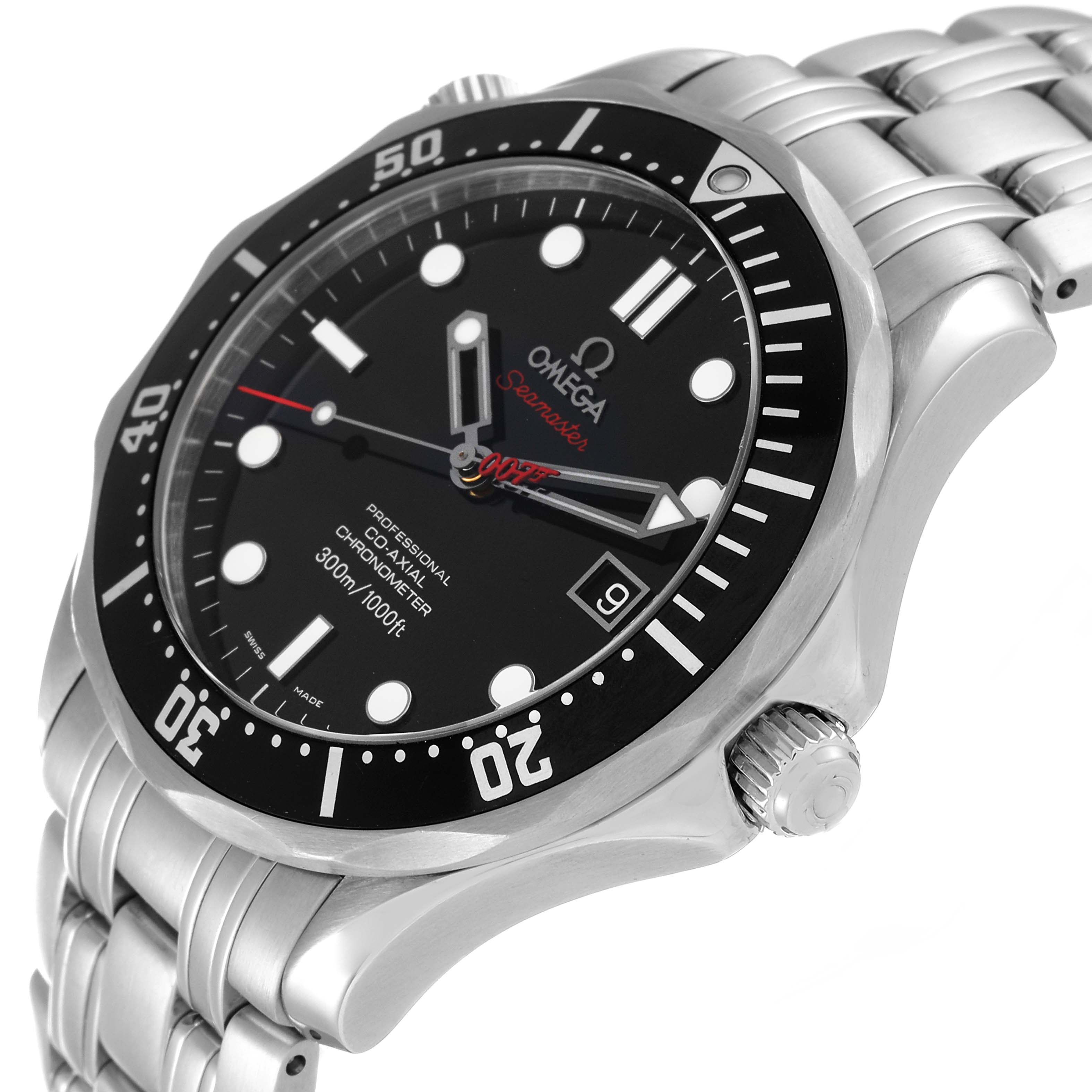 The Omega Seamaster 212.30.41.20.01.001 Men's Stainless Steel Black Dial 212.30.41.20.01.001 Men's Stainless Steel Black Dial watch is shown at an angle displaying its face, bezel, crown, and part of its bracelet.