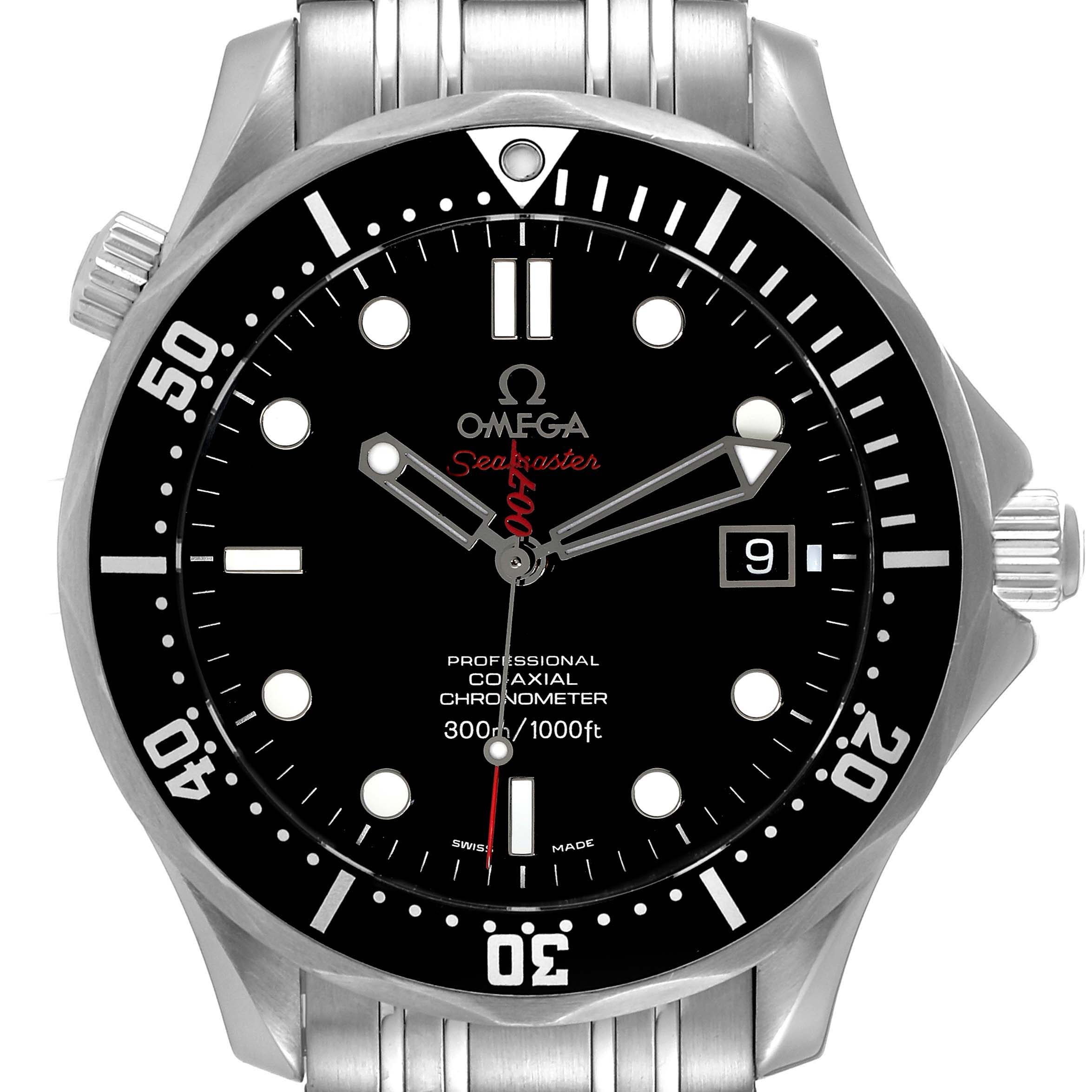 This image shows a front view of an Omega Seamaster 212.30.41.20.01.001 Men's Stainless Steel Black Dial 212.30.41.20.01.001 Men's Stainless Steel Black Dial watch, highlighting the dial, bezel, hands, crown, and part of the bracelet.