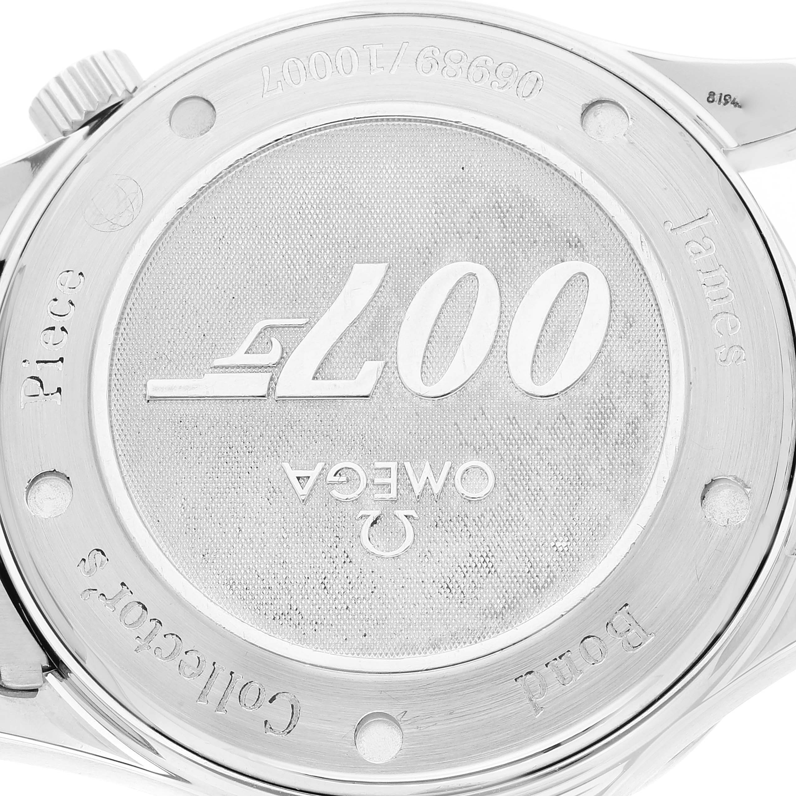 The image shows the back case of an Omega Seamaster 212.30.41.20.01.001 Men's Stainless Steel Black Dial 212.30.41.20.01.001 Men's Stainless Steel Black Dial model watch with the 007 branding and other engravings.