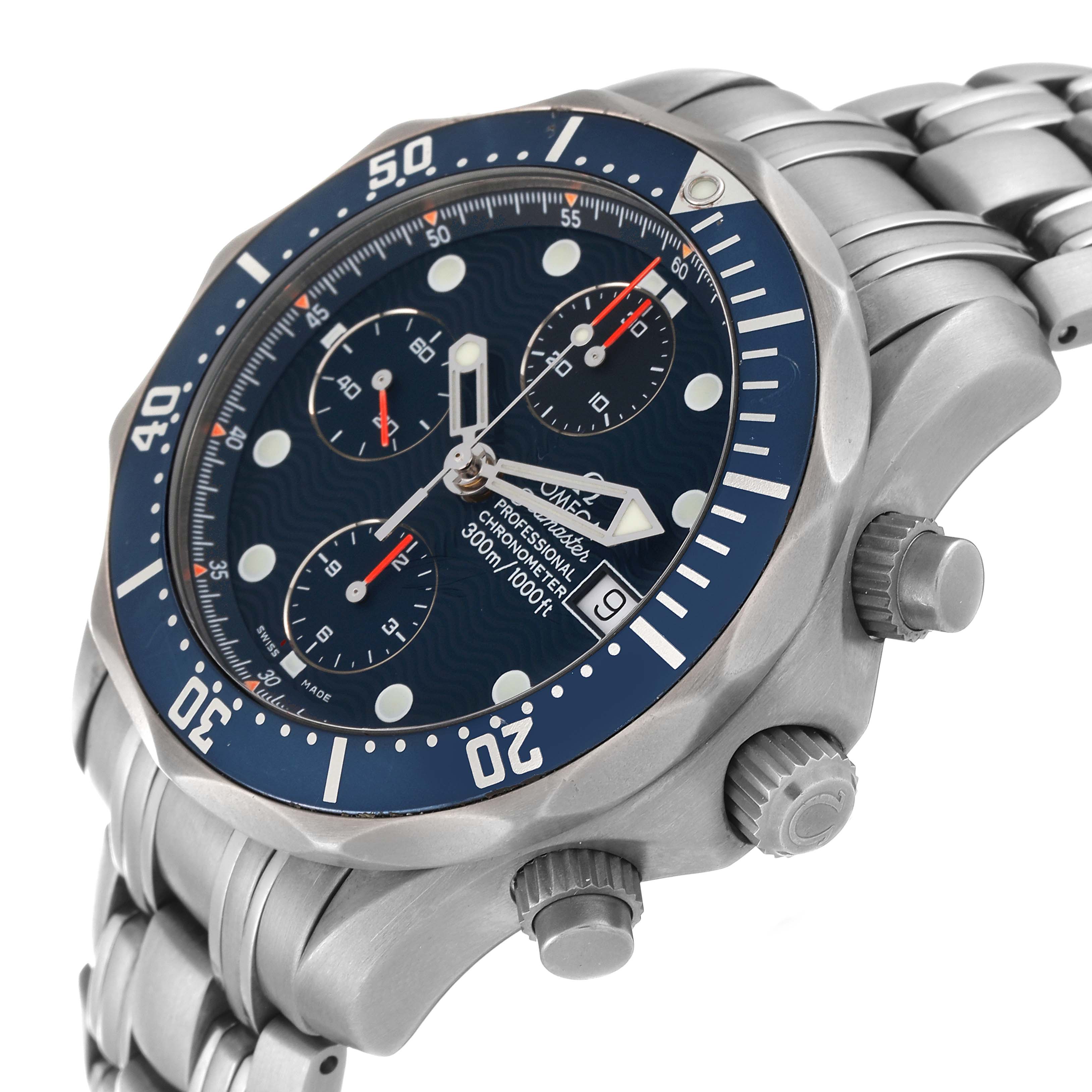 The Omega Seamaster 2298.80.00 Men's Titanium Blue Dial 2298.80.00 Men's Titanium Blue Dial watch is shown from an angled close-up view, highlighting the bezel, dial, and side pushers.