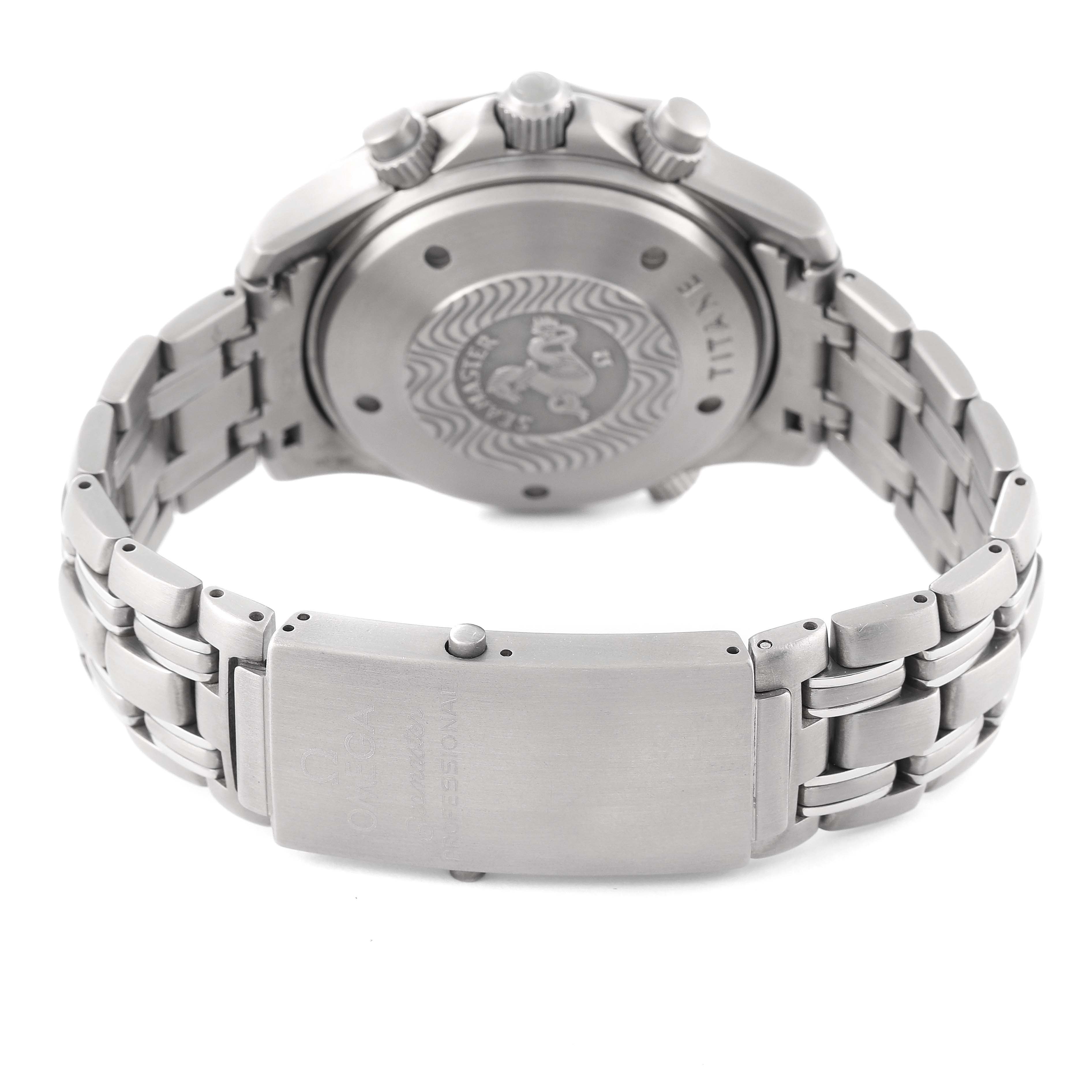 The image shows the backside and bracelet of an Omega Seamaster 2298.80.00 Men's Titanium Blue Dial 2298.80.00 Men's Titanium Blue Dial watch, highlighting the case back and clasp.