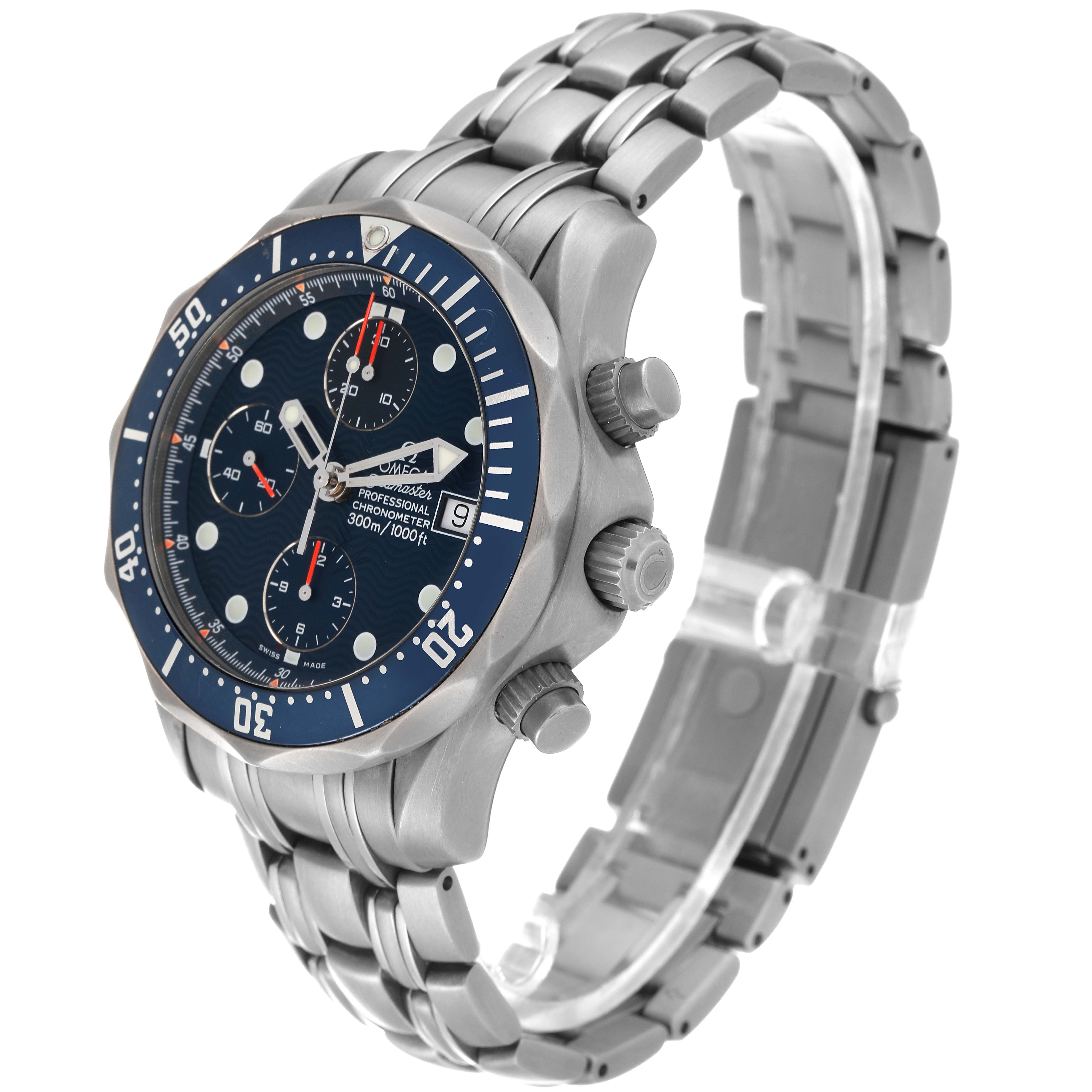 The Omega Seamaster 2298.80.00 Men's Titanium Blue Dial 2298.80.00 Men's Titanium Blue Dial watch is shown at a three-quarter angle, highlighting its face, bezel, crown, and bracelet.
