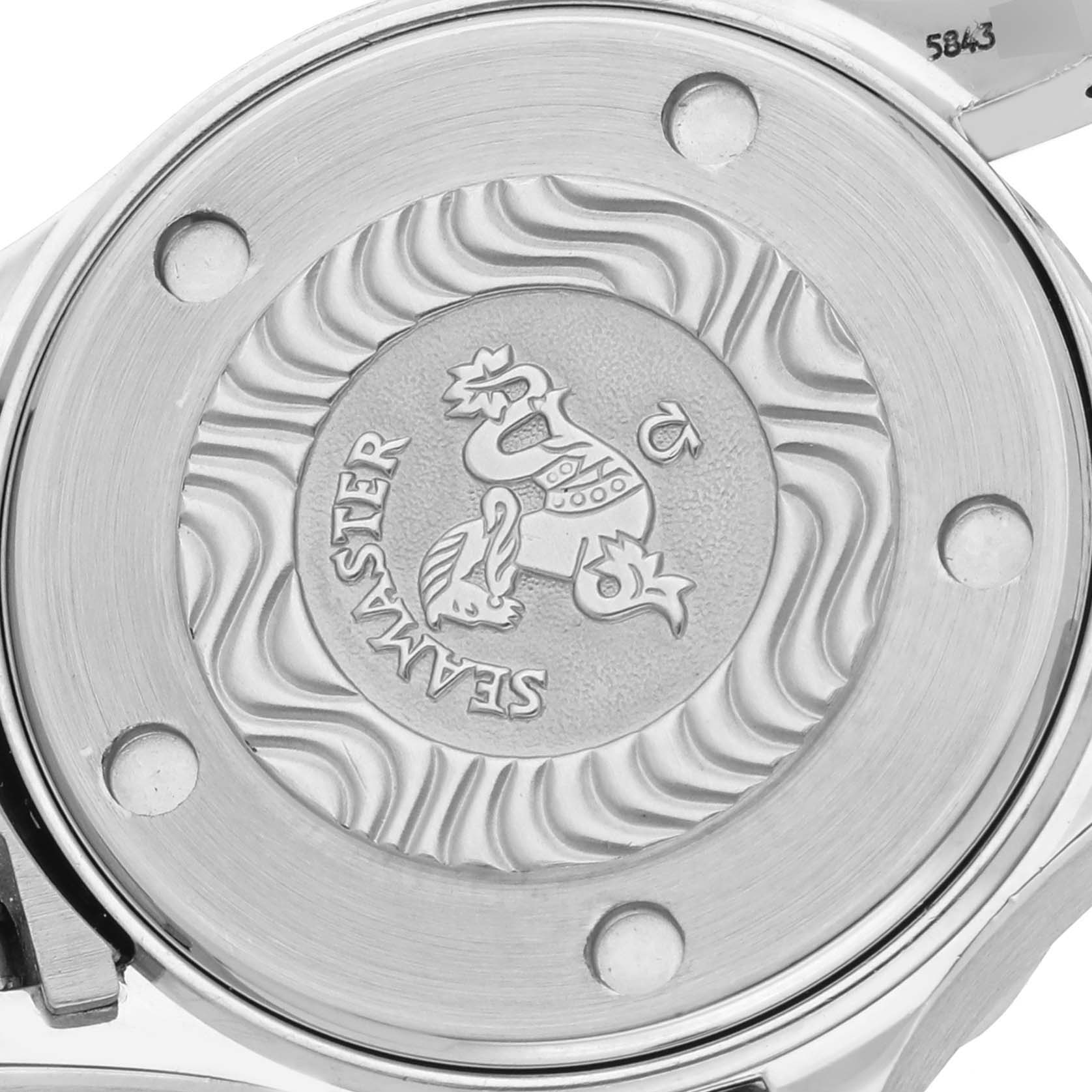 The image shows the case back of the Omega 2583.80.00 Women's Stainless Steel Blue Dial 2583.80.00 Women's Stainless Steel Blue Dial Seamaster Diver 300M 28mm Steel Ladies Watch 2583.80.00 with the Seamaster emblem.
