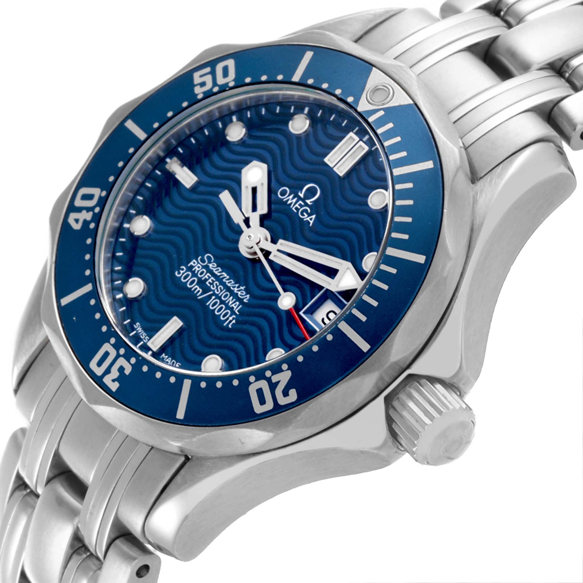 The Omega 2583.80.00 Women's Stainless Steel Blue Dial 2583.80.00 Women's Stainless Steel Blue Dial Seamaster Diver 300M 28mm Steel Ladies Watch 2583.80.00 is shown at an angled close-up, highlighting the dial, bezel, and crown.