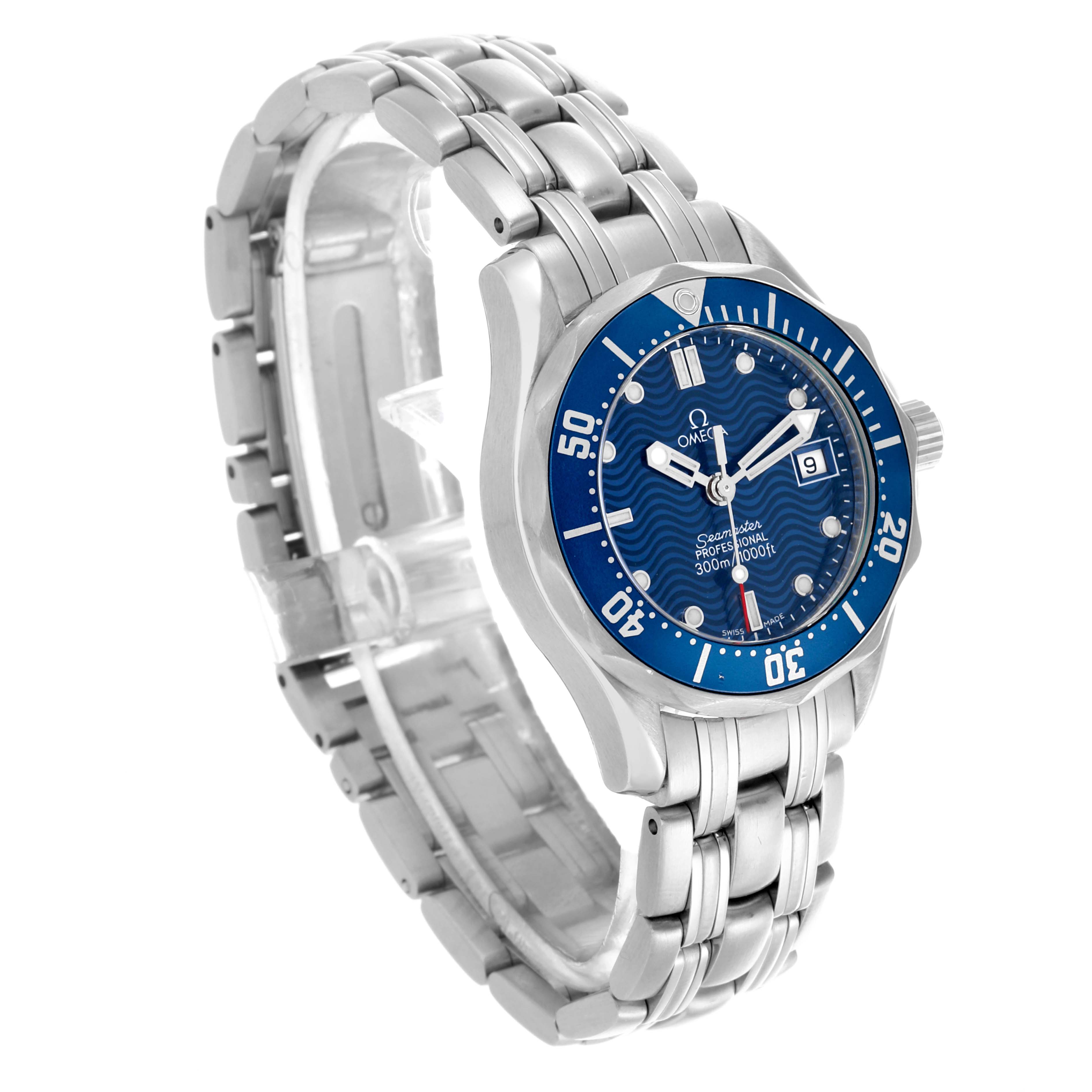 The Omega 2583.80.00 Women's Stainless Steel Blue Dial 2583.80.00 Women's Stainless Steel Blue Dial Seamaster Diver 300M 28mm Steel Ladies Watch 2583.80.00 is shown at a three-quarter angle, highlighting the face and bracelet.