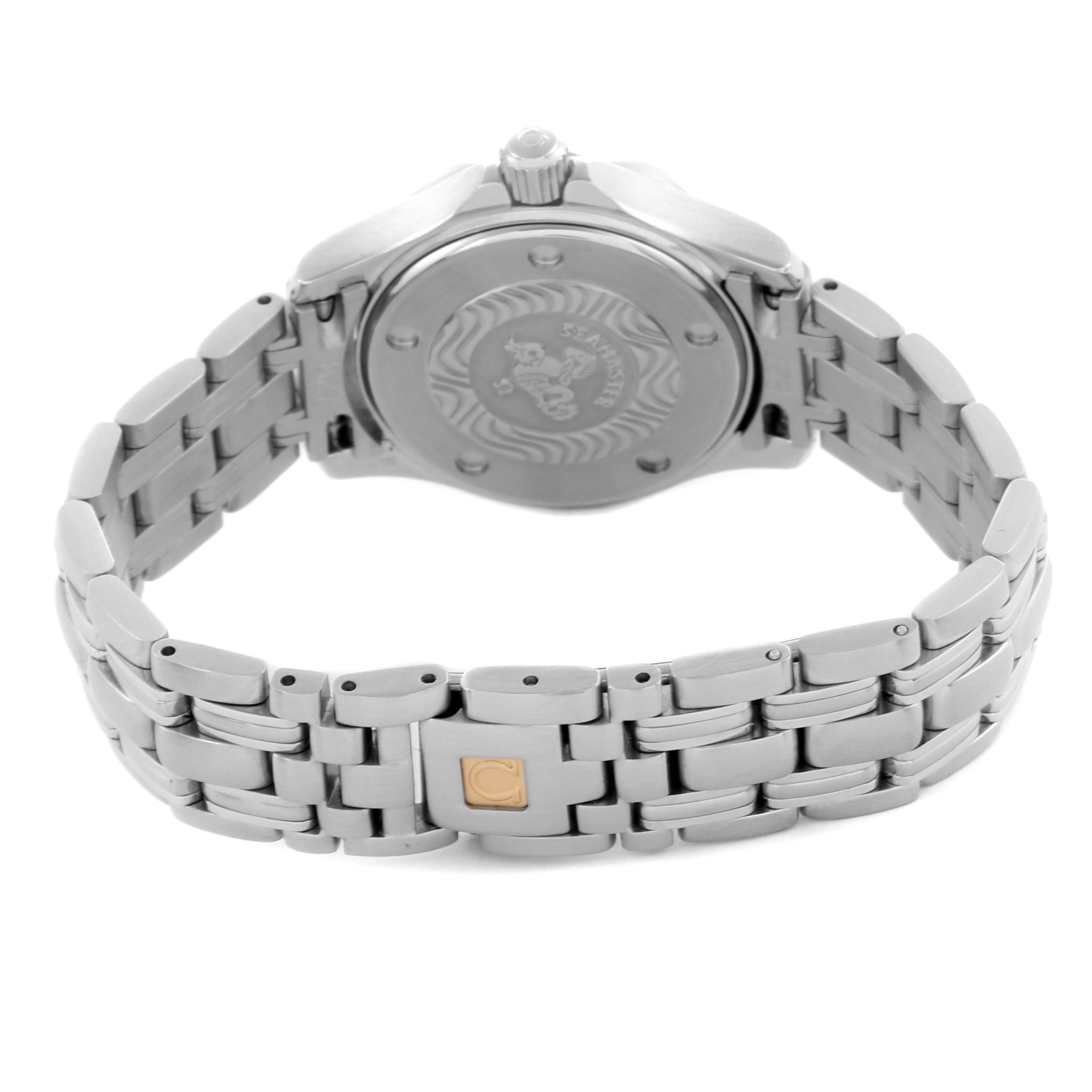 The image shows the back and bracelet of the Omega 2583.80.00 Women's Stainless Steel Blue Dial 2583.80.00 Women's Stainless Steel Blue Dial Seamaster Diver 300M 28mm Steel Ladies Watch model 2583.80.00.