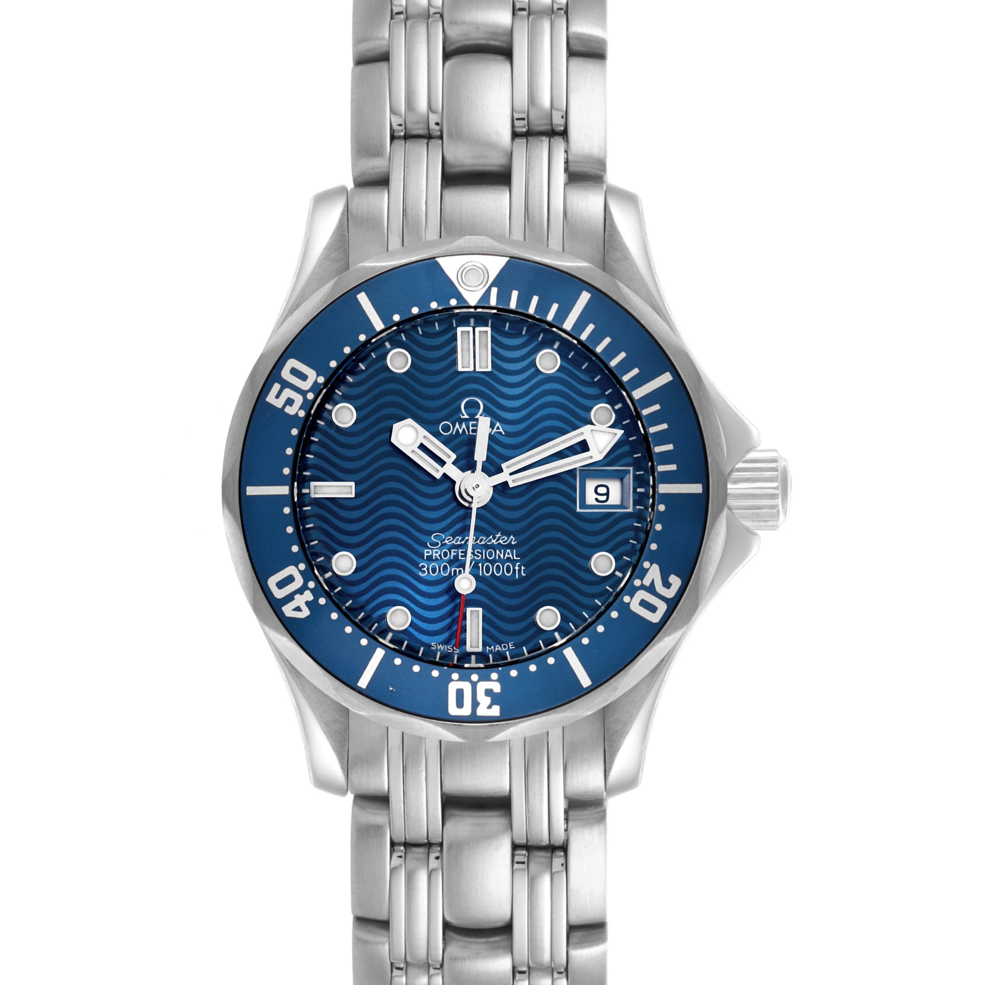 The Omega 2583.80.00 Women's Stainless Steel Blue Dial 2583.80.00 Women's Stainless Steel Blue Dial Seamaster Diver 300M 28mm Steel Ladies Watch 2583.80.00 is shown from the front, highlighting its blue dial and silver bracelet.