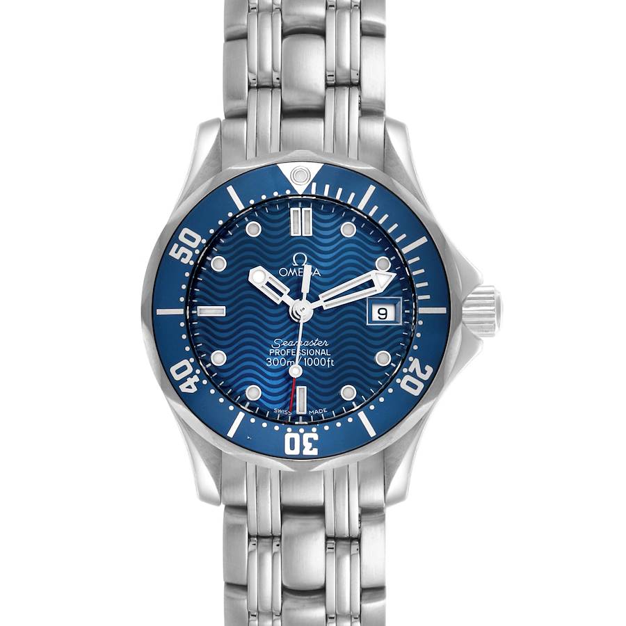 The Omega Seamaster Diver 300M 28mm Steel Ladies Watch 2583.80.00 is shown from the front, highlighting its blue dial and silver bracelet.