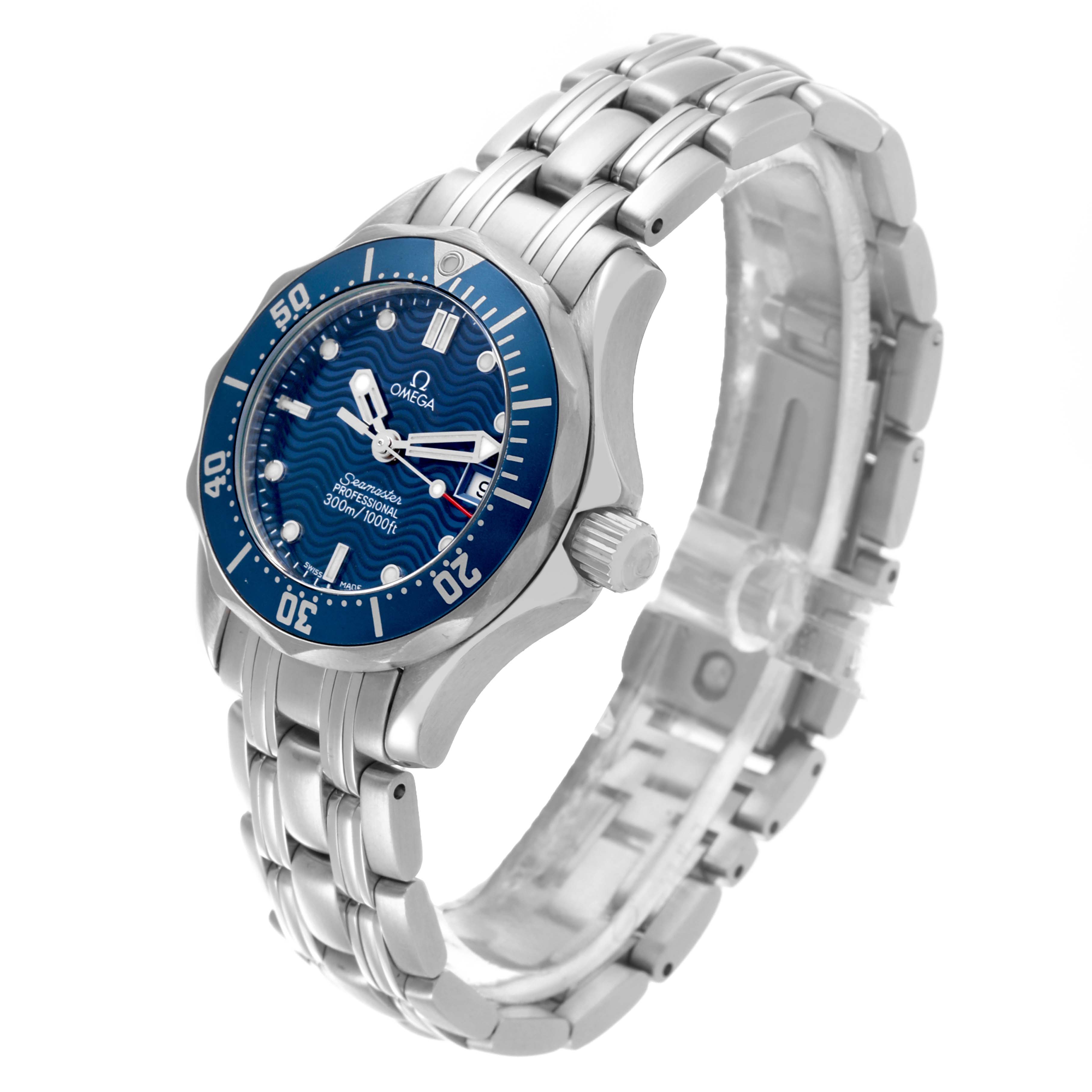 The Omega 2583.80.00 Women's Stainless Steel Blue Dial 2583.80.00 Women's Stainless Steel Blue Dial Seamaster Diver 300M 28mm is shown at a three-quarter angle, highlighting the face, bezel, and bracelet in steel.