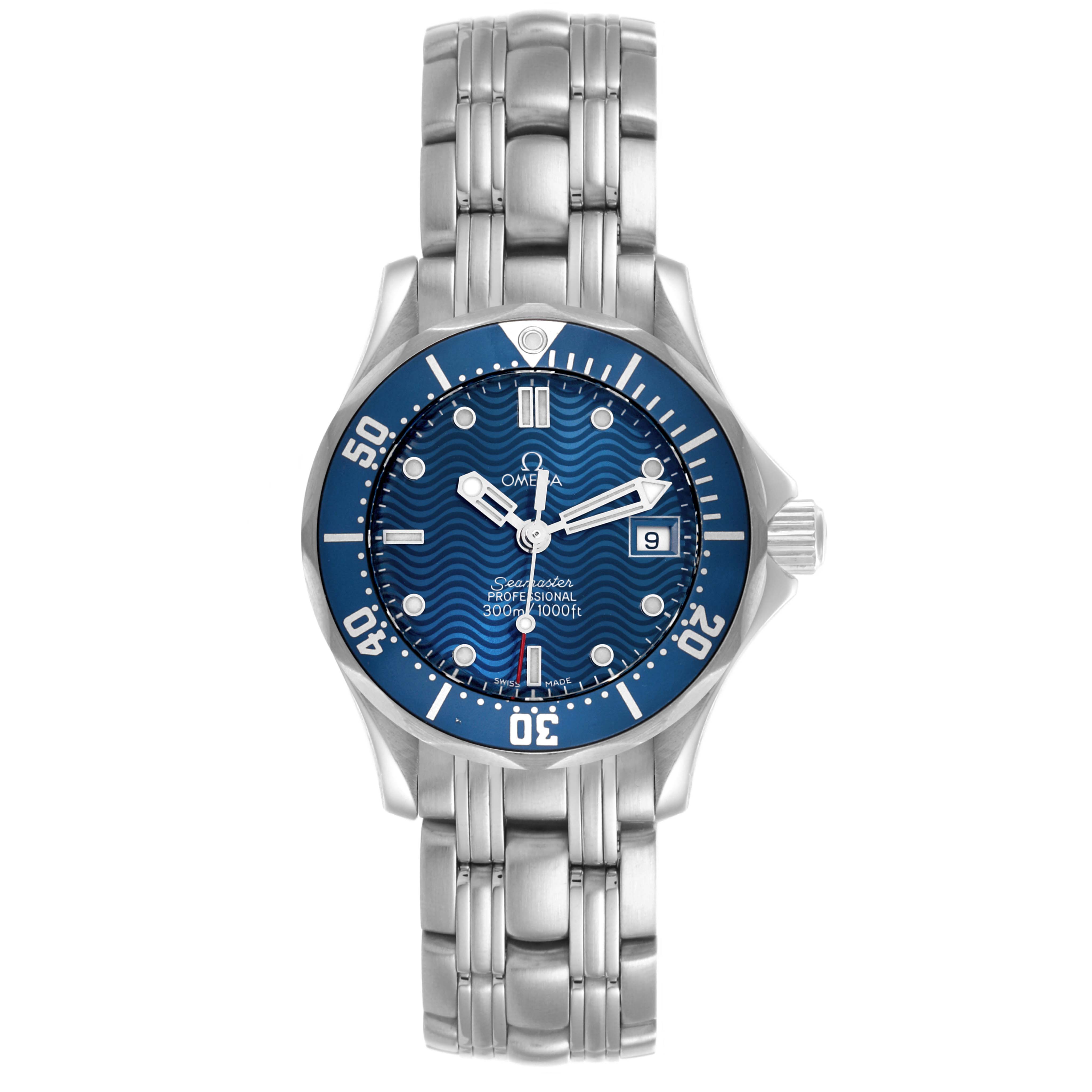 The Omega 2583.80.00 Women's Stainless Steel Blue Dial 2583.80.00 Women's Stainless Steel Blue Dial Seamaster Diver 300M 28mm Steel Ladies Watch 2583.80.00 is shown from a top view, highlighting the blue dial and stainless steel bracelet.