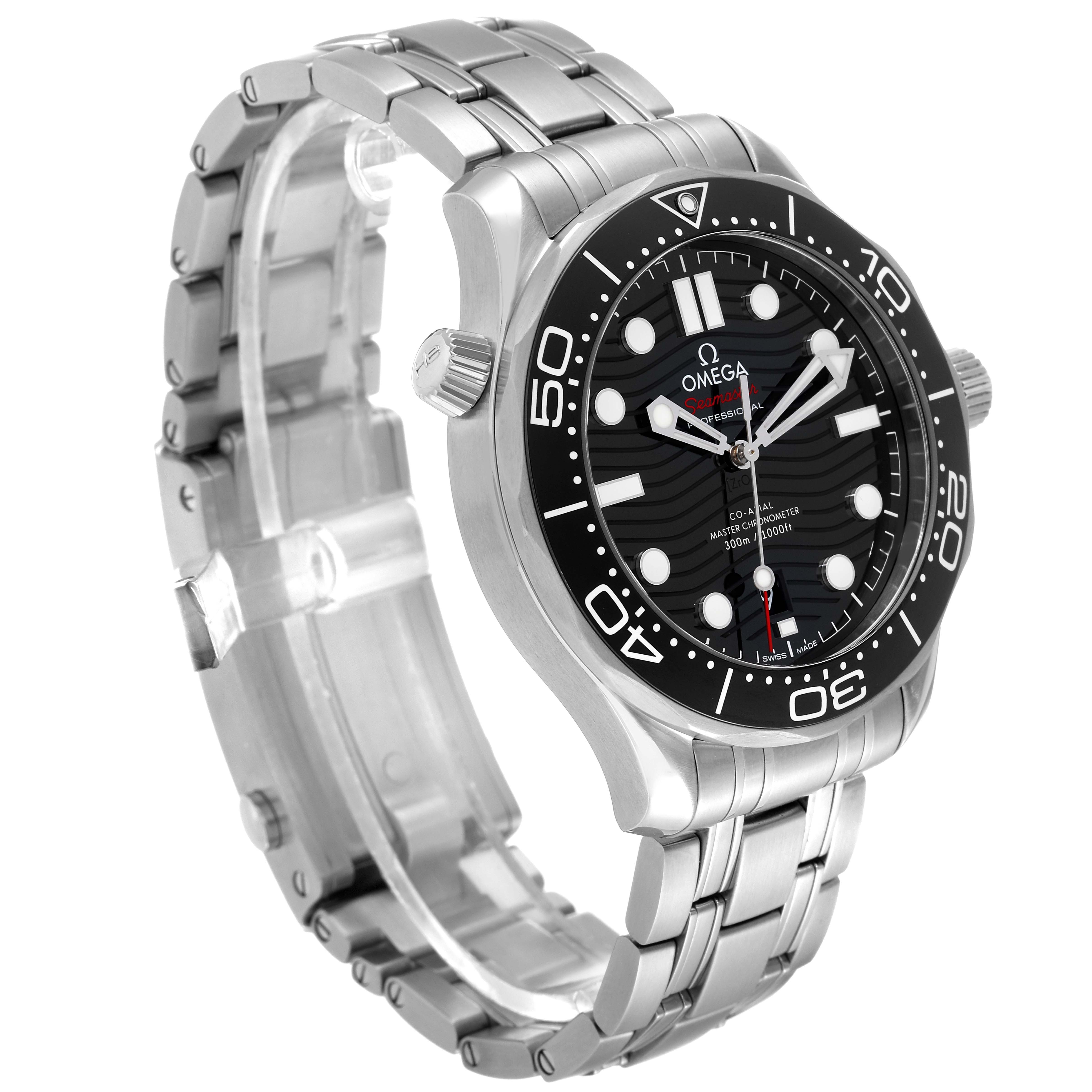 The Omega Seamaster 210.30.42.20.01.001 Men's Stainless Steel Black Dial 210.30.42.20.01.001 Men's Stainless Steel Black Dial watch is shown at a 3/4 angle, displaying the face, bracelet, and bezel.