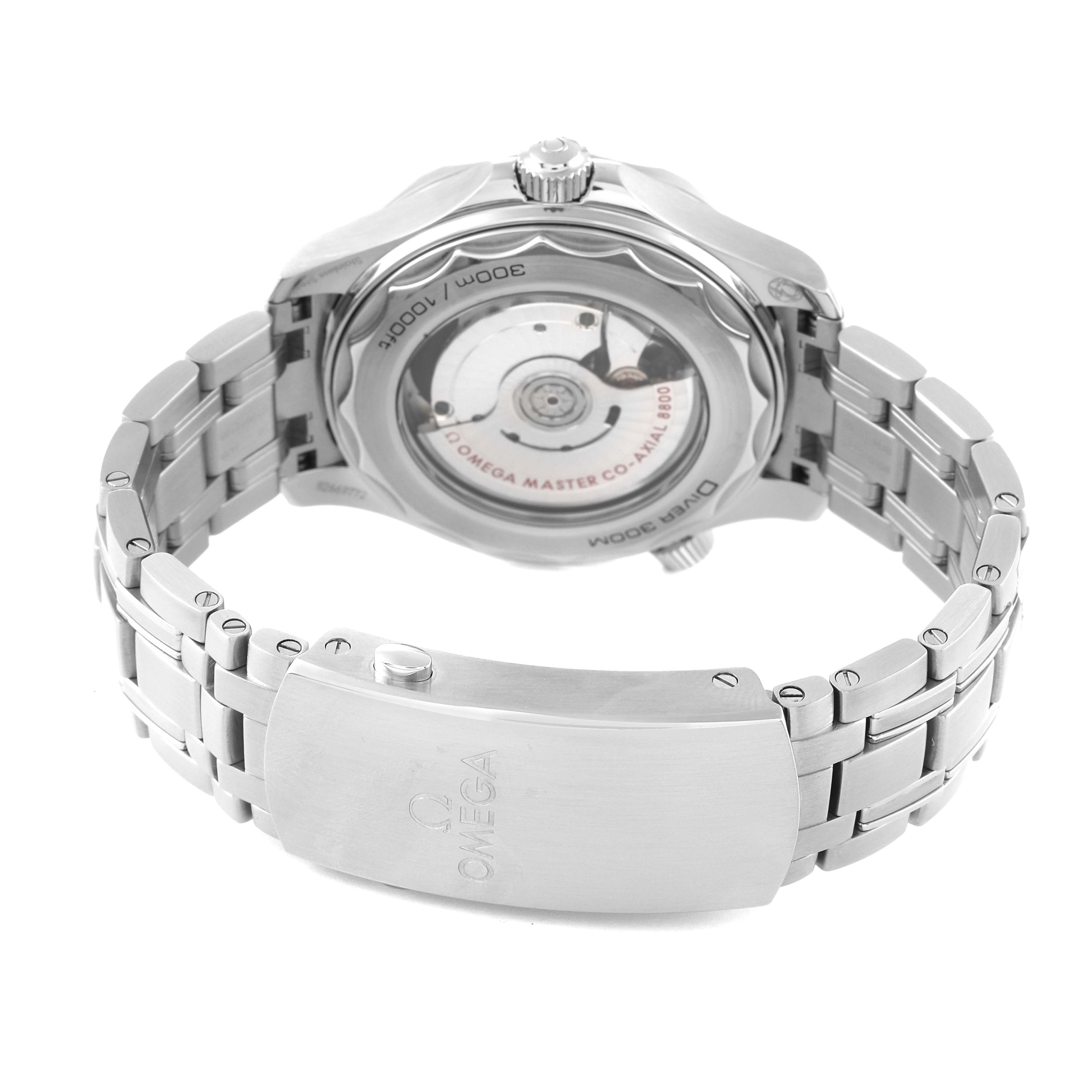 The image shows the back view of an Omega Seamaster 210.30.42.20.01.001 Men's Stainless Steel Black Dial 210.30.42.20.01.001 Men's Stainless Steel Black Dial watch, highlighting the clasp, bracelet, and exhibition case back.