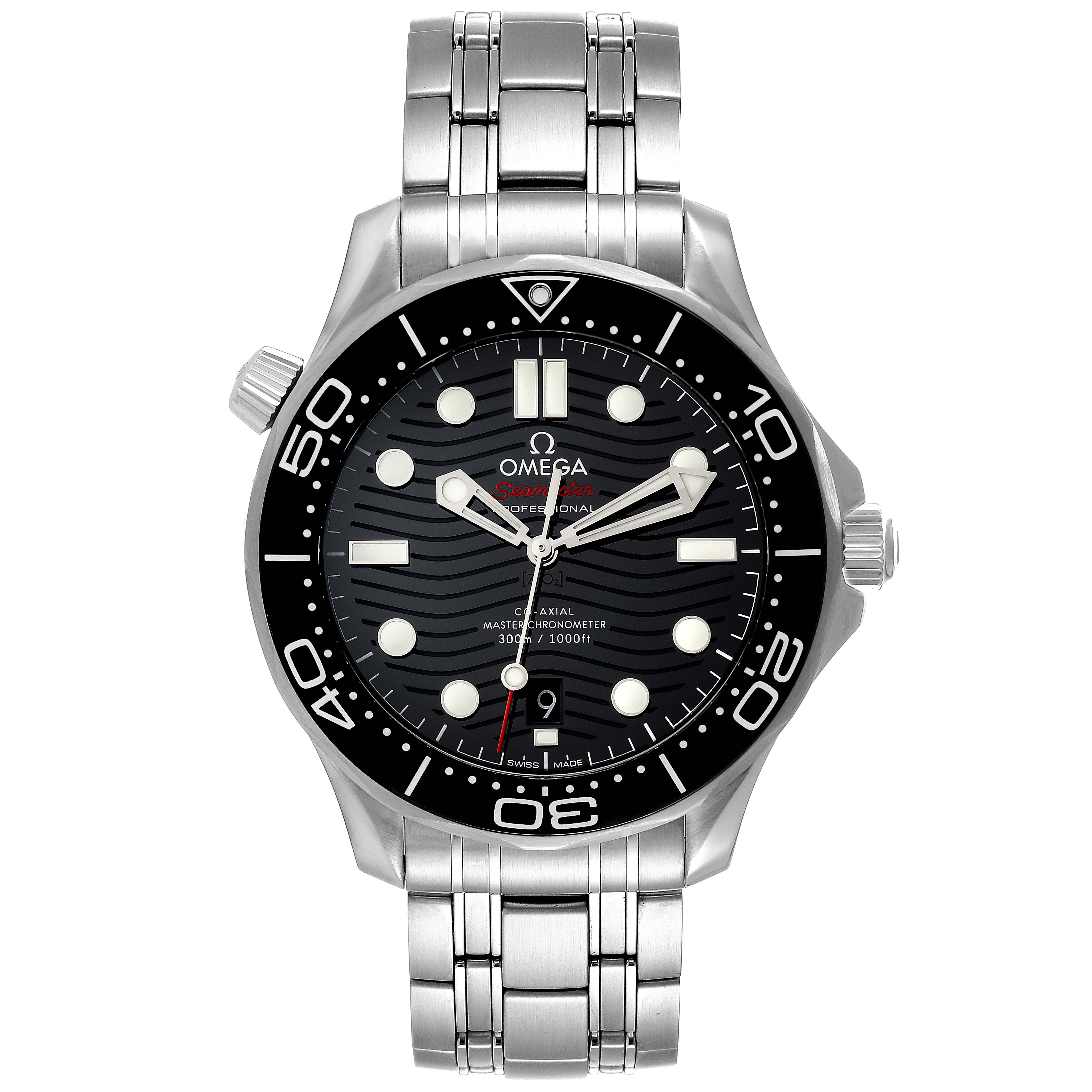 The image shows a front view of an Omega Seamaster 210.30.42.20.01.001 Men's Stainless Steel Black Dial 210.30.42.20.01.001 Men's Stainless Steel Black Dial watch featuring a black dial, stainless steel bracelet, and bezel.