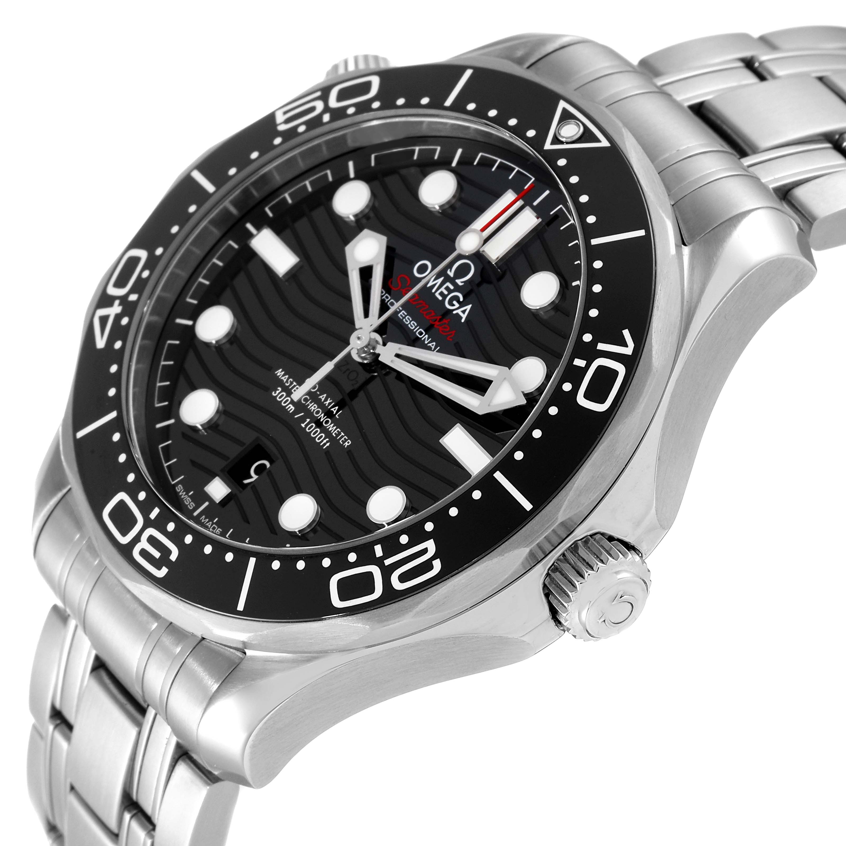 This image shows a side angled view of an Omega Seamaster 210.30.42.20.01.001 Men's Stainless Steel Black Dial 210.30.42.20.01.001 Men's Stainless Steel Black Dial watch, highlighting its bezel, dial, crown, and bracelet.