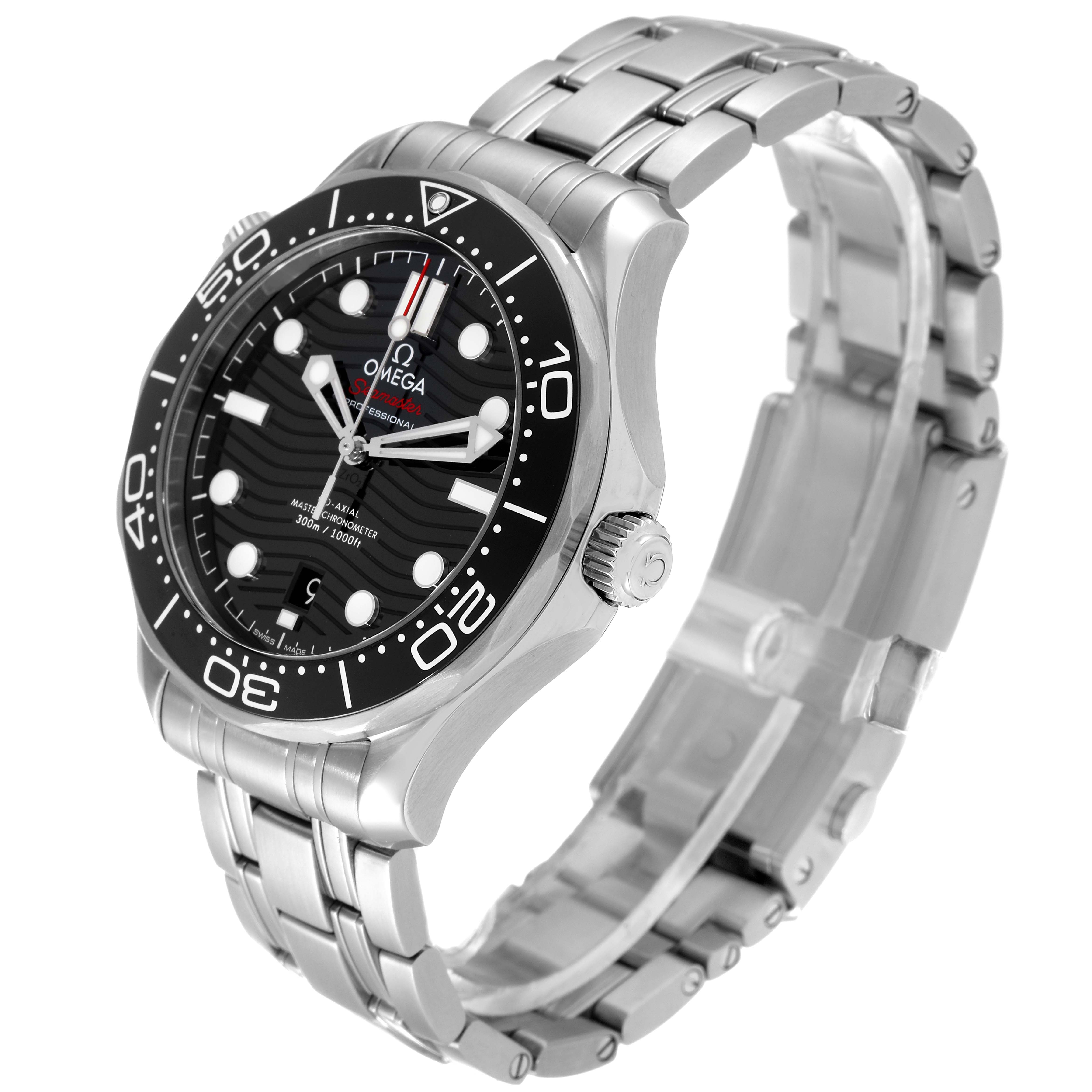 The image shows the Omega Seamaster 210.30.42.20.01.001 Men's Stainless Steel Black Dial 210.30.42.20.01.001 Men's Stainless Steel Black Dial watch from an angled side view, displaying the face, bezel, crown, and bracelet.