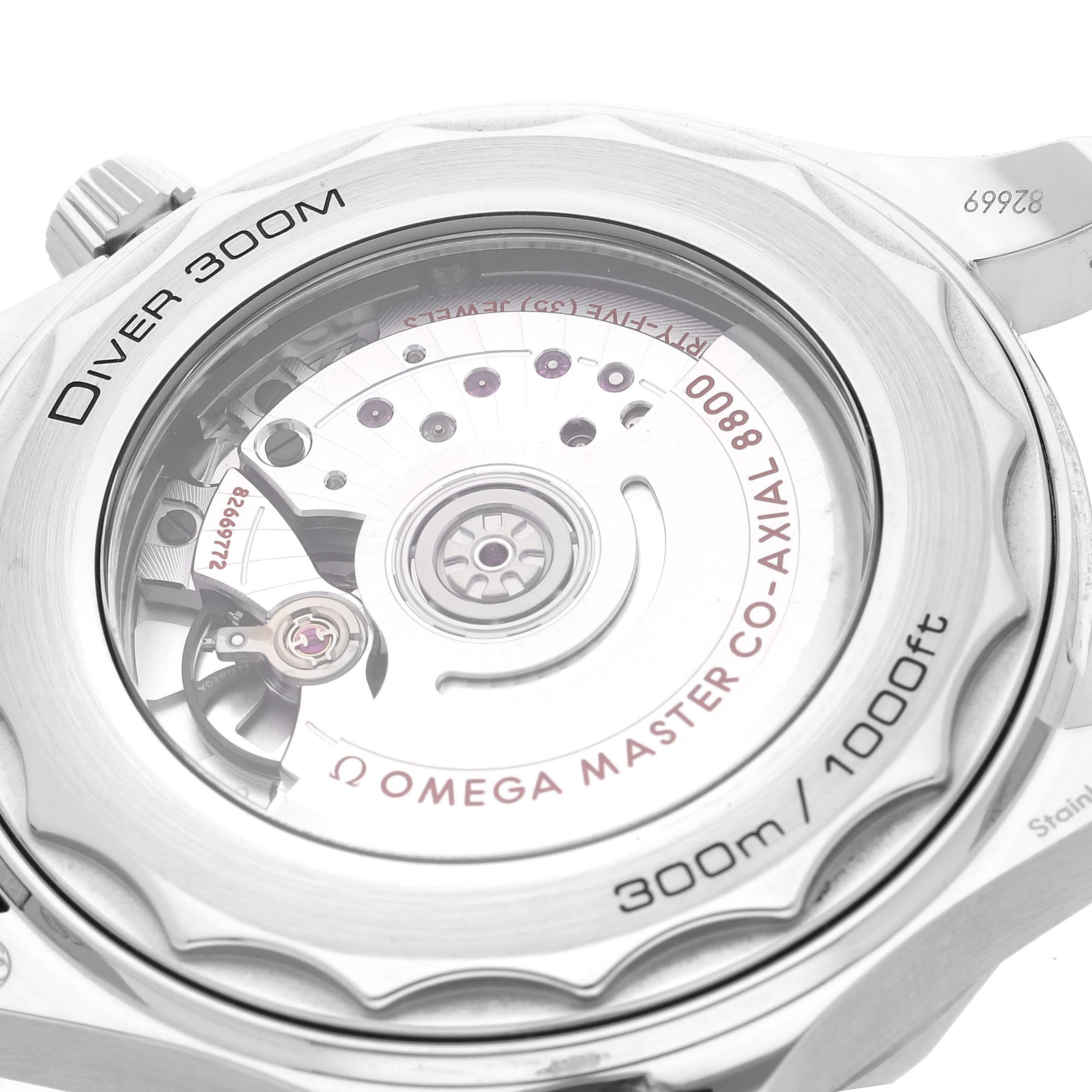 The image shows the case back of the Omega Seamaster 210.30.42.20.01.001 Men's Stainless Steel Black Dial 210.30.42.20.01.001 Men's Stainless Steel Black Dial Diver 300M, displaying its Co-Axial Master Chronometer movement.