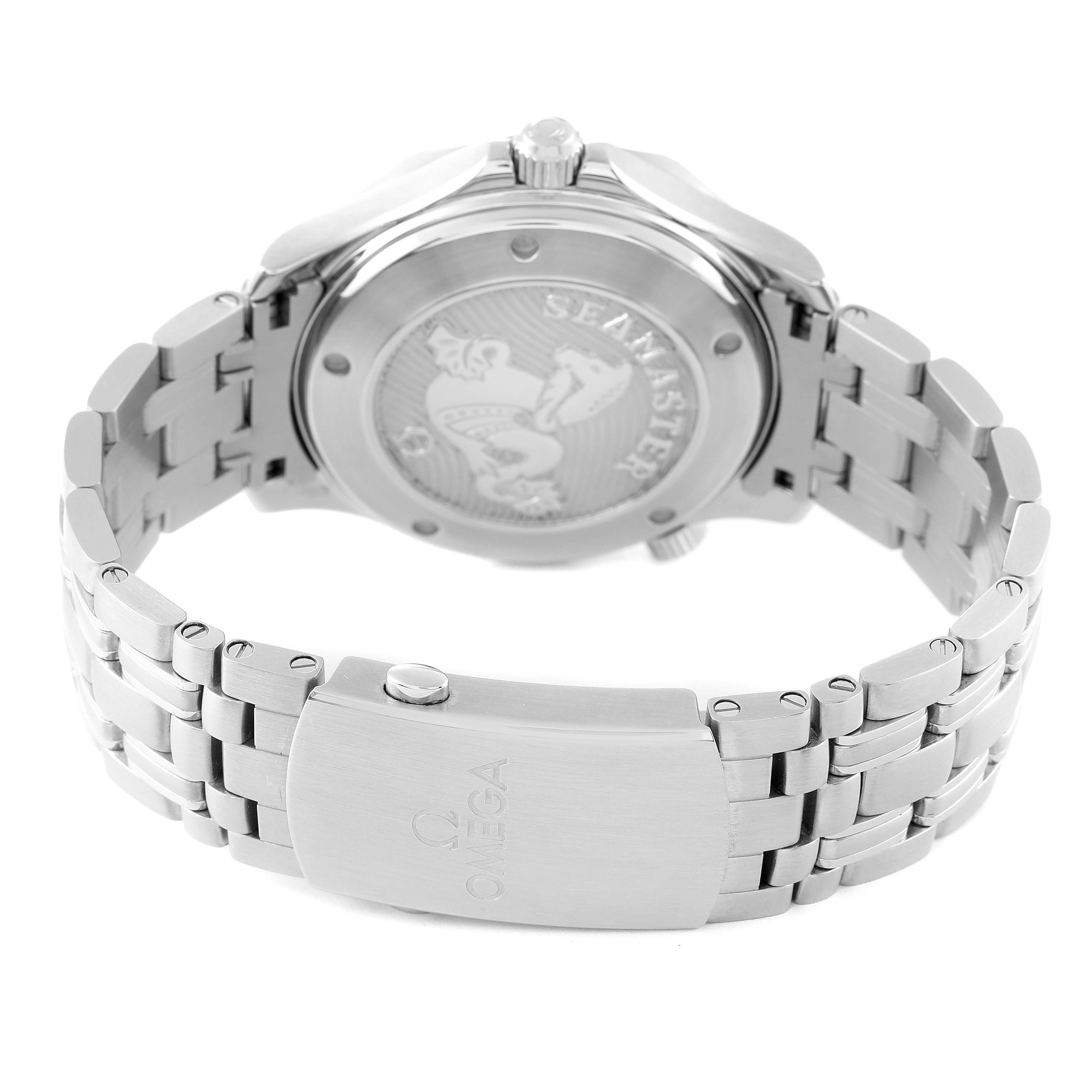 The image shows the back view of an Omega Seamaster 212.30.41.20.01.003 Men's Stainless Steel Black Dial 212.30.41.20.01.003 Men's Stainless Steel Black Dial watch, highlighting the case back and metal bracelet with the brand logo.