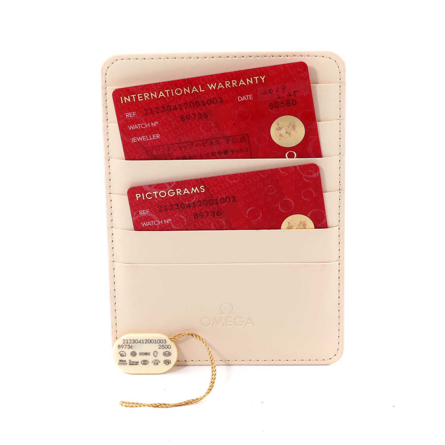 The image shows Omega Seamaster 212.30.41.20.01.003 Men's Stainless Steel Black Dial 212.30.41.20.01.003 Men's Stainless Steel Black Dial watch accessories, including warranty cards and a hangtag, in a beige cardholder.