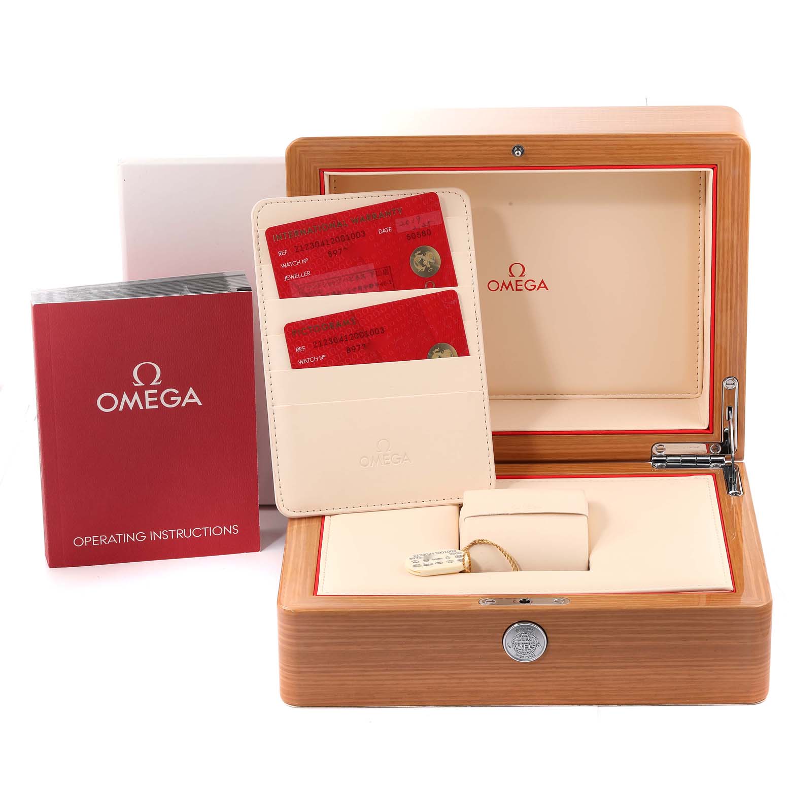 The image shows the Omega Seamaster 212.30.41.20.01.003 Men's Stainless Steel Black Dial 212.30.41.20.01.003 Men's Stainless Steel Black Dial watch box, operating instructions, and warranty cards.