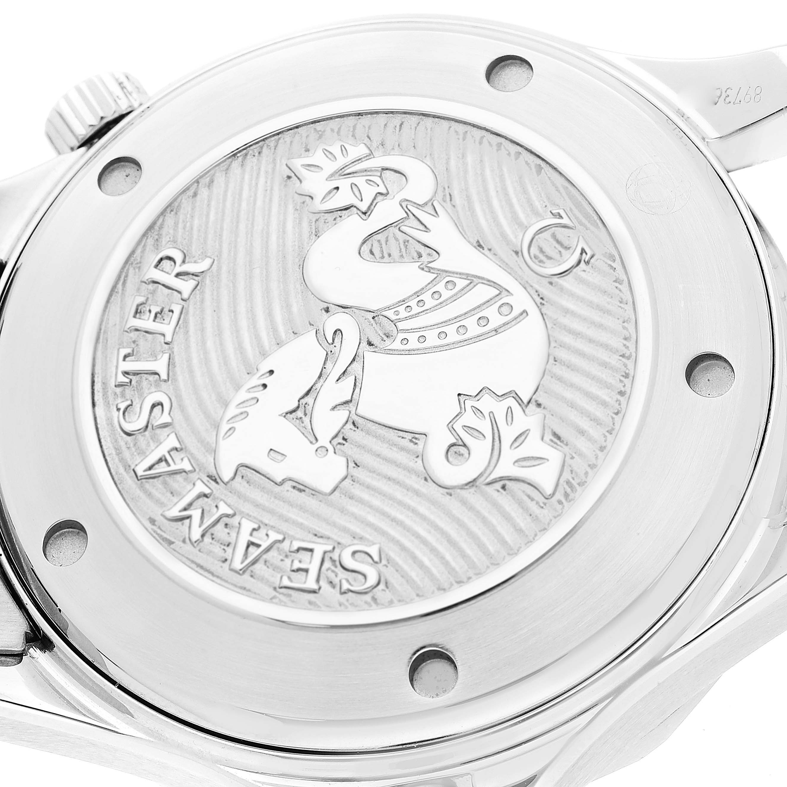 This image shows the back case of an Omega Seamaster 212.30.41.20.01.003 Men's Stainless Steel Black Dial 212.30.41.20.01.003 Men's Stainless Steel Black Dial watch, highlighting the engraved logo and text.