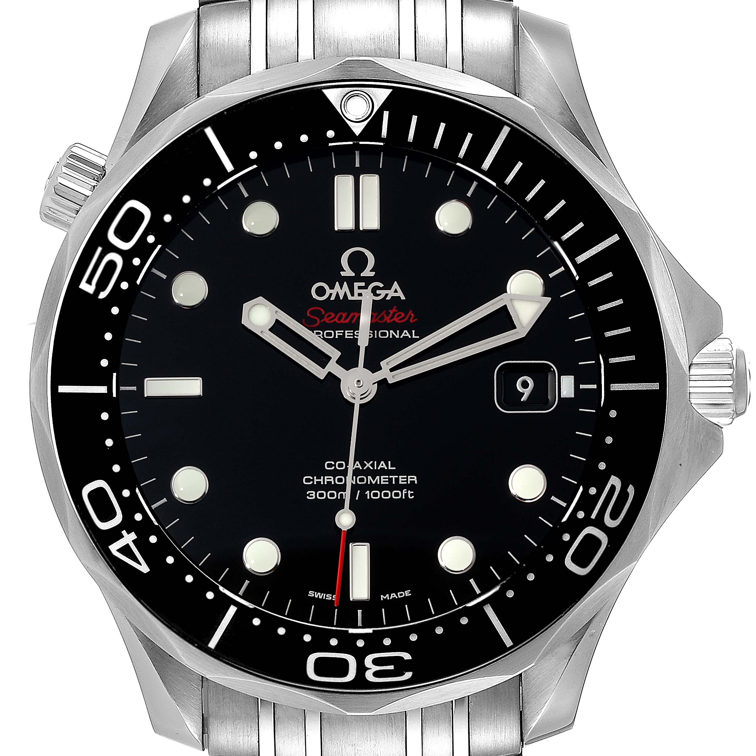 The Omega Seamaster 212.30.41.20.01.003 Men's Stainless Steel Black Dial 212.30.41.20.01.003 Men's Stainless Steel Black Dial watch is shown from a top-down angle, highlighting its dial, bezel, and part of the bracelet.